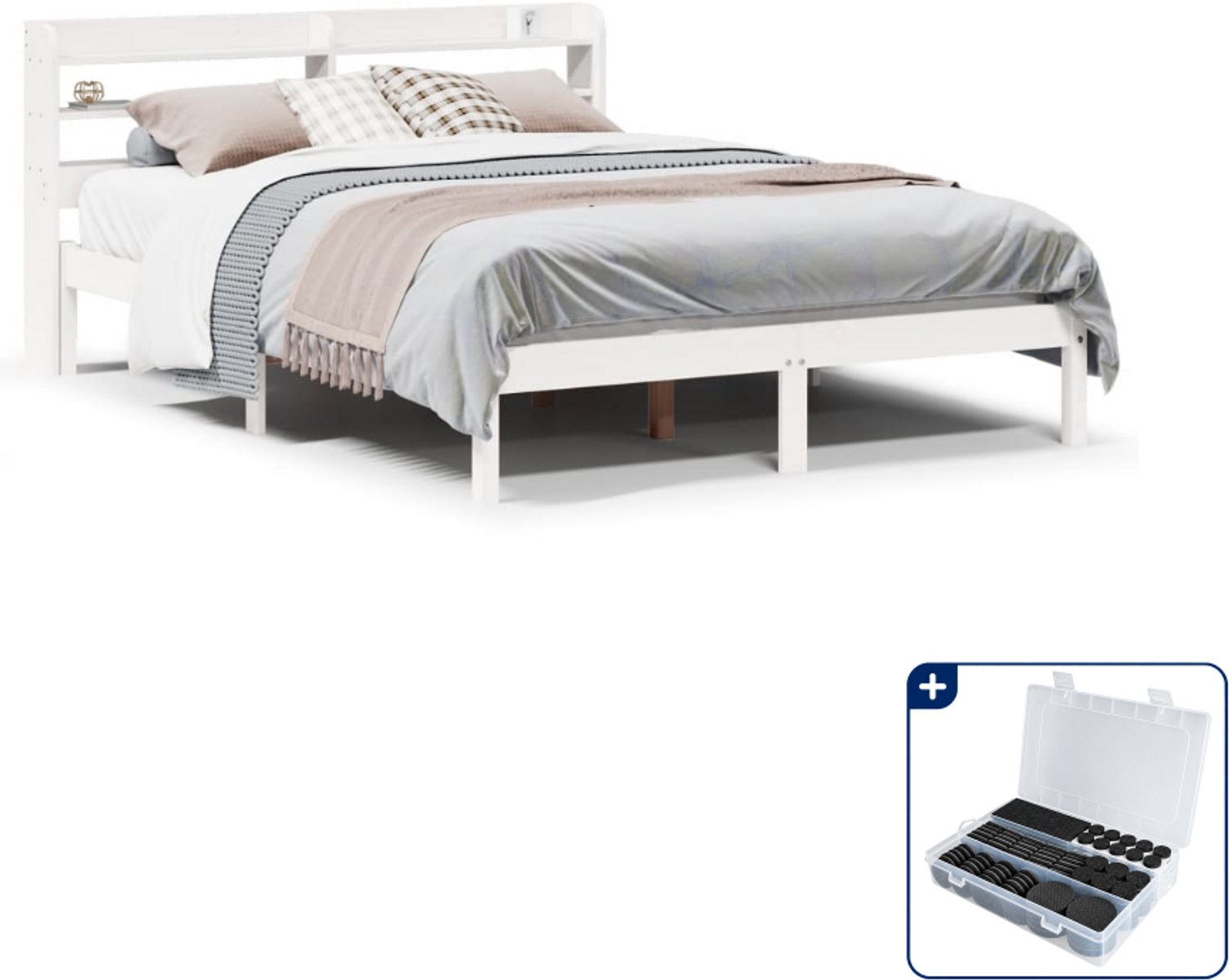 vidaXL Bedframe Queensize 160 x 200 cm - massief grenenhout - wit - Inclusief antikrasvilt 177-delig Bruin