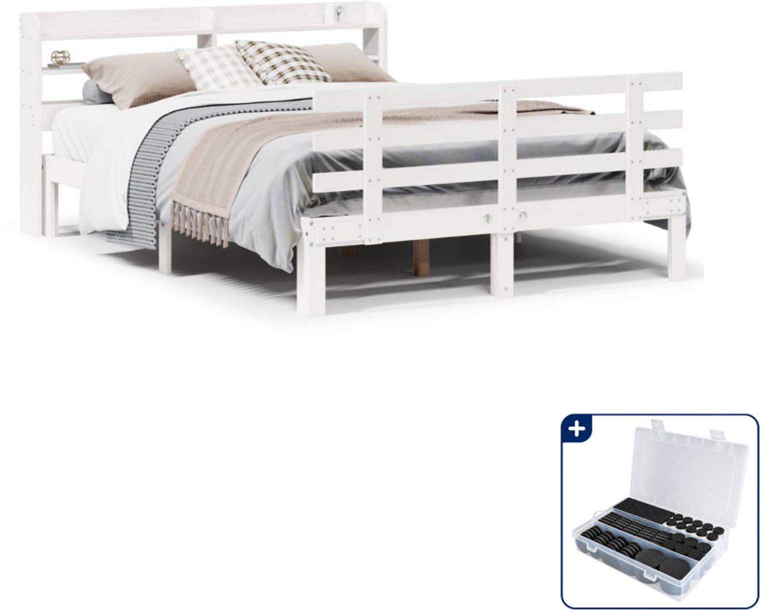 vidaXL Queensize bedframe - 160 x 200 cm - massief grenenhout - wit - Inclusief antikrasvilt 177-delig