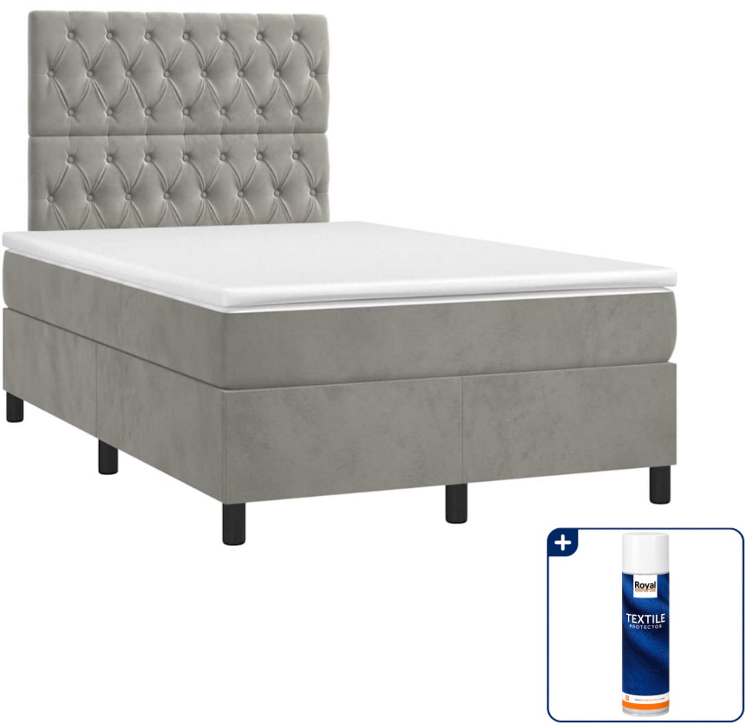 vidaXL boxspring met matras - 120 x 190 cm - fluweel - lichtgrijs - Inclusief textielbeschermer 500 ml
