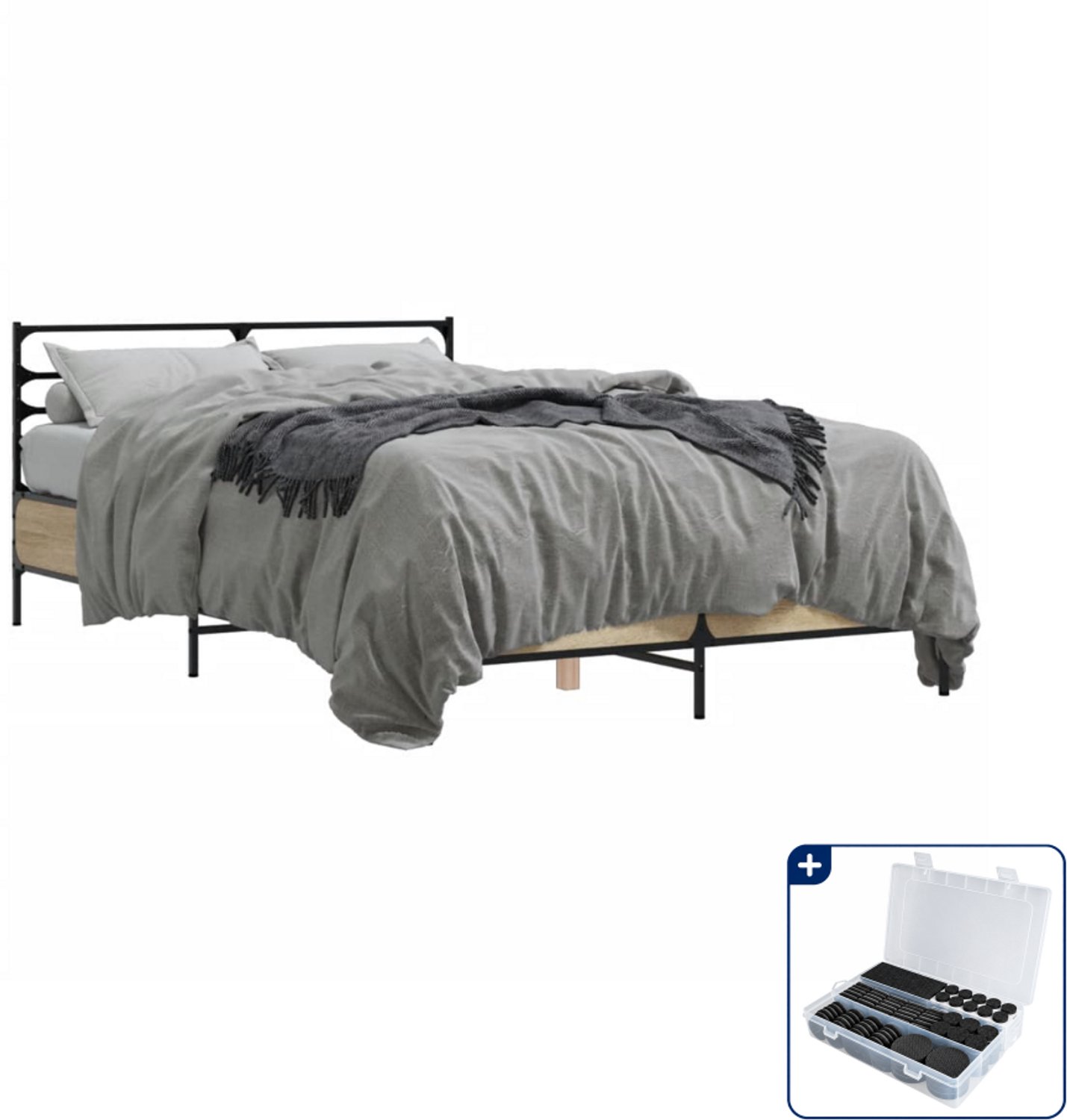 vidaXL bedframe - 135 x 190 cm - bewerkt hout en metaal - sonoma eiken - Inclusief antikrasvilt 177-delig Grijs