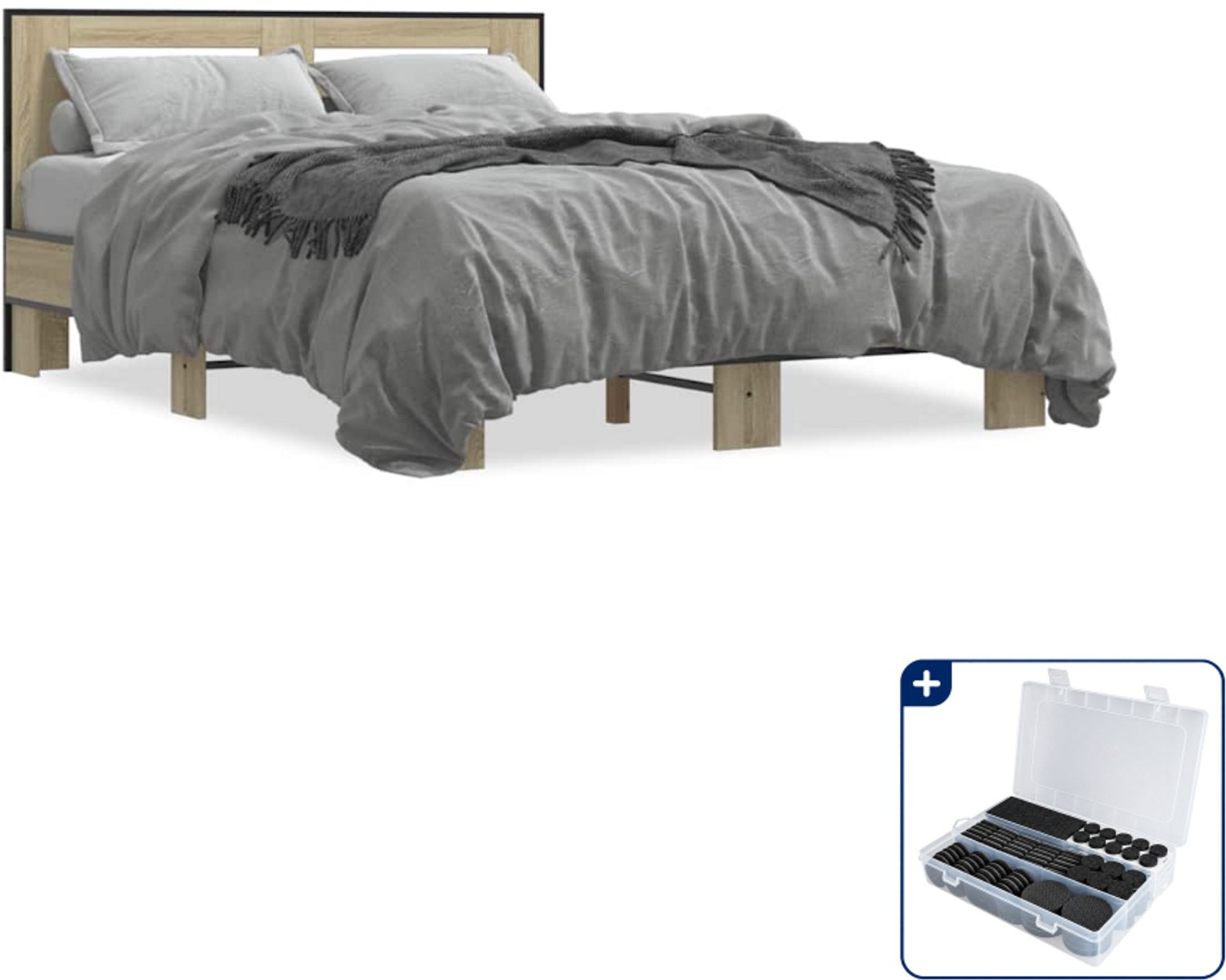 vidaXL bedframe - 120 x 200 cm - bewerkt hout en metaal - sonoma eiken - Inclusief antikrasvilt 177-delig