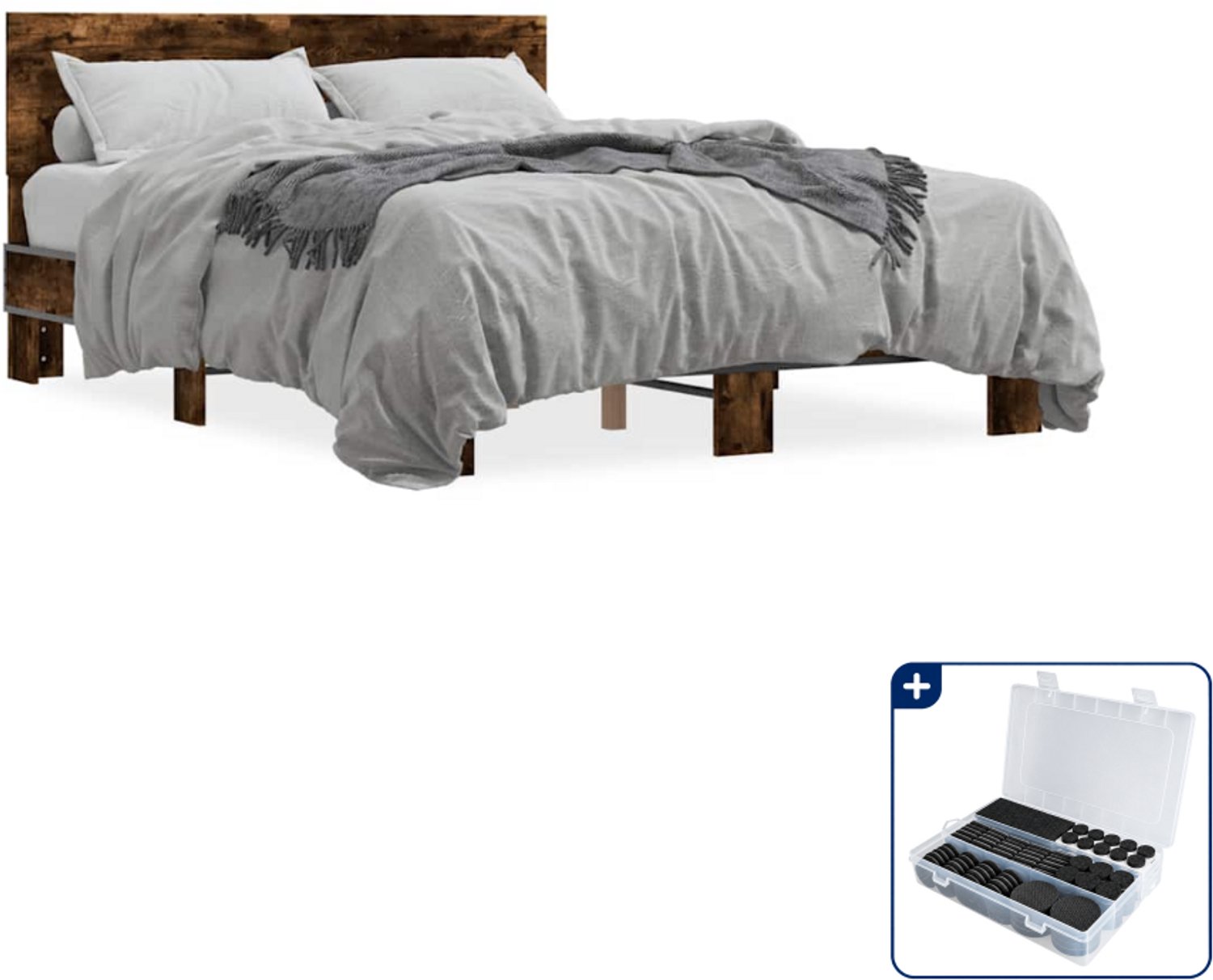 vidaXL Bedframe - 135 x 190 cm - bewerkt hout en metaal - gerookt eiken - Inclusief antikrasvilt 177-delig Grijs