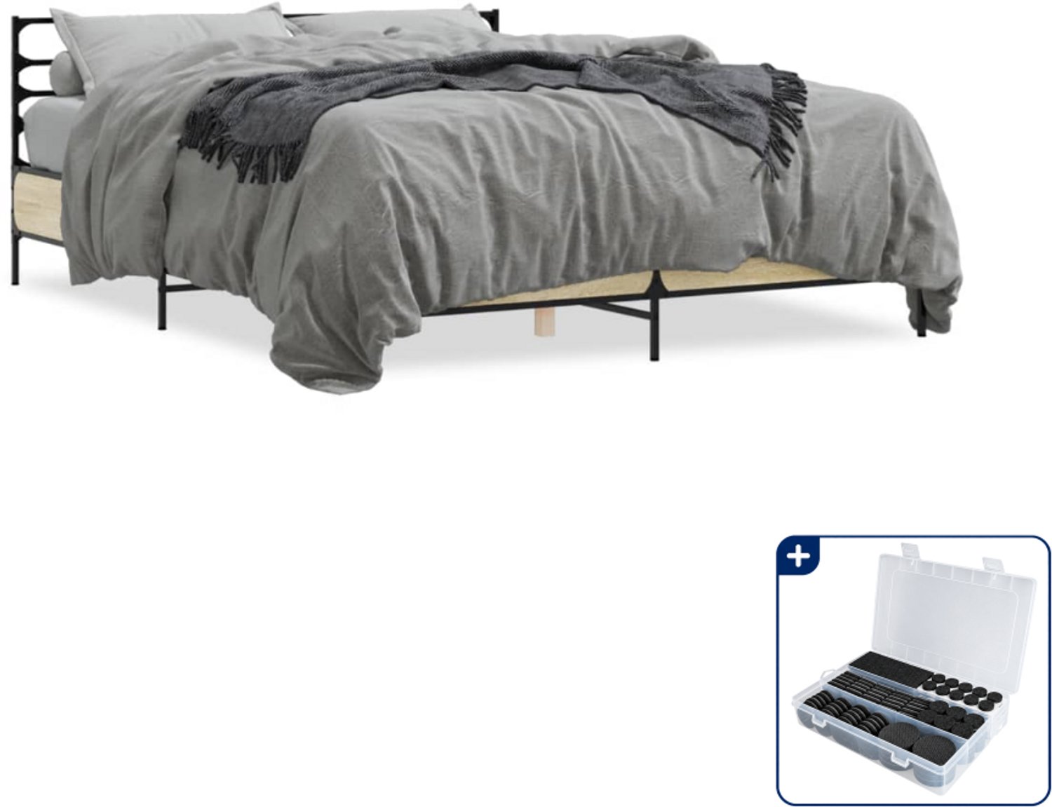 vidaXL Queensize bedframe - 160 x 200 cm - sonoma eiken - Inclusief antikrasvilt 177-delig Bruin