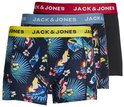 Drie Jack & Jones boxershorts: één zwart en twee met kleurrijke papegaaien- en tropische bloemenprint, elastische tailleband.