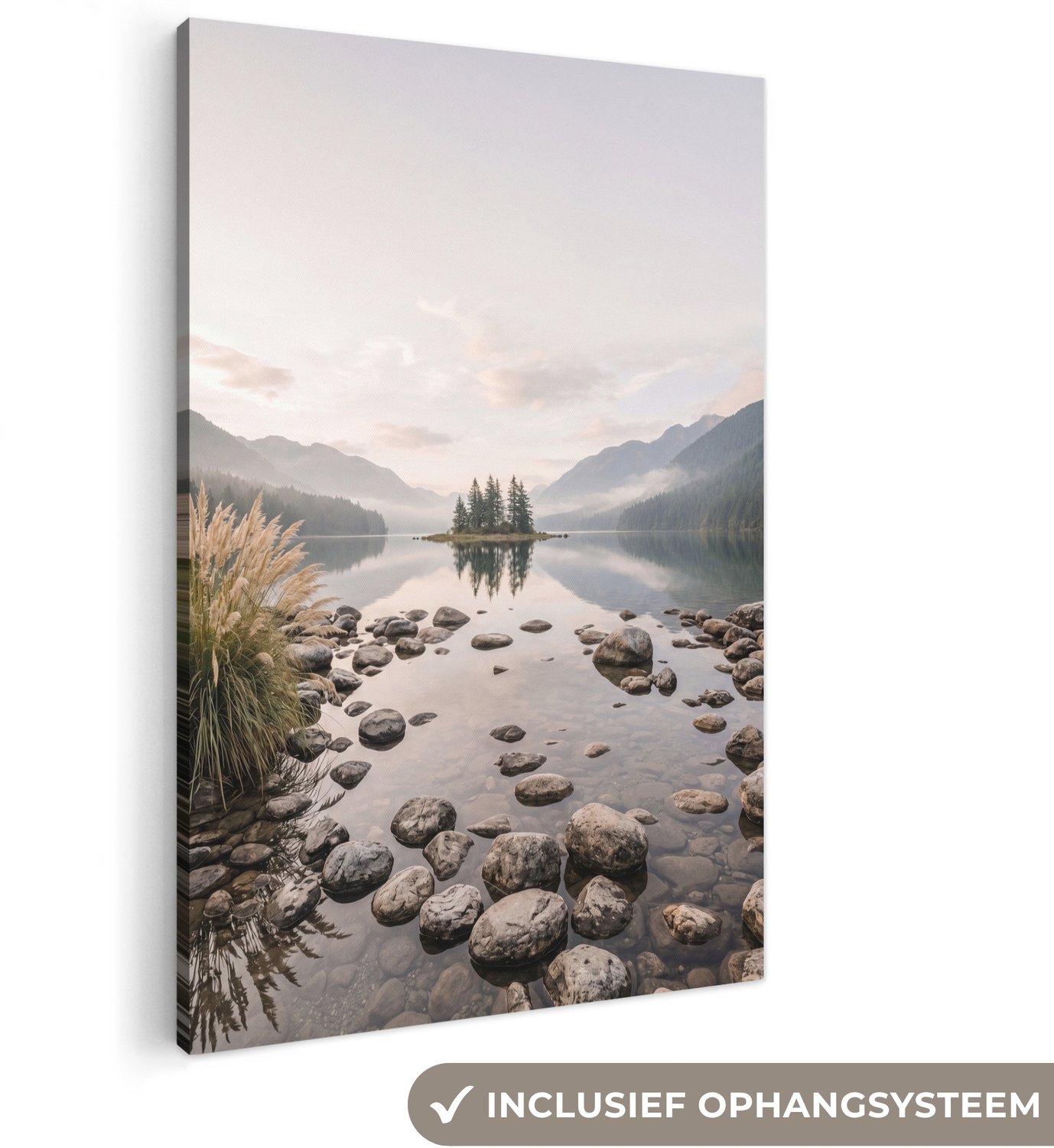 Canvas schilderij 90x140 cm - Exclusieve wanddecoratie Meer - Bergen - Landschap - Groen - Muurdecoratie woonkamer - Slaapkamer decoratie - Kamer accessoires - Schilderijen op canvas groot XXL
