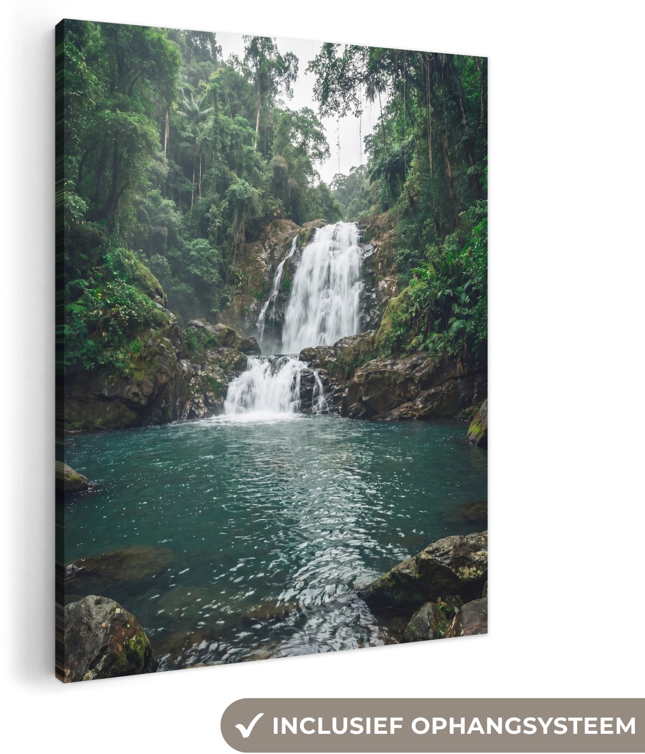 Canvas schilderij 90x120 cm - Exclusieve wanddecoratie Waterval - Bos - Natuur - Groen - Muurdecoratie woonkamer - Slaapkamer decoratie - Kamer accessoires - Schilderijen op canvas