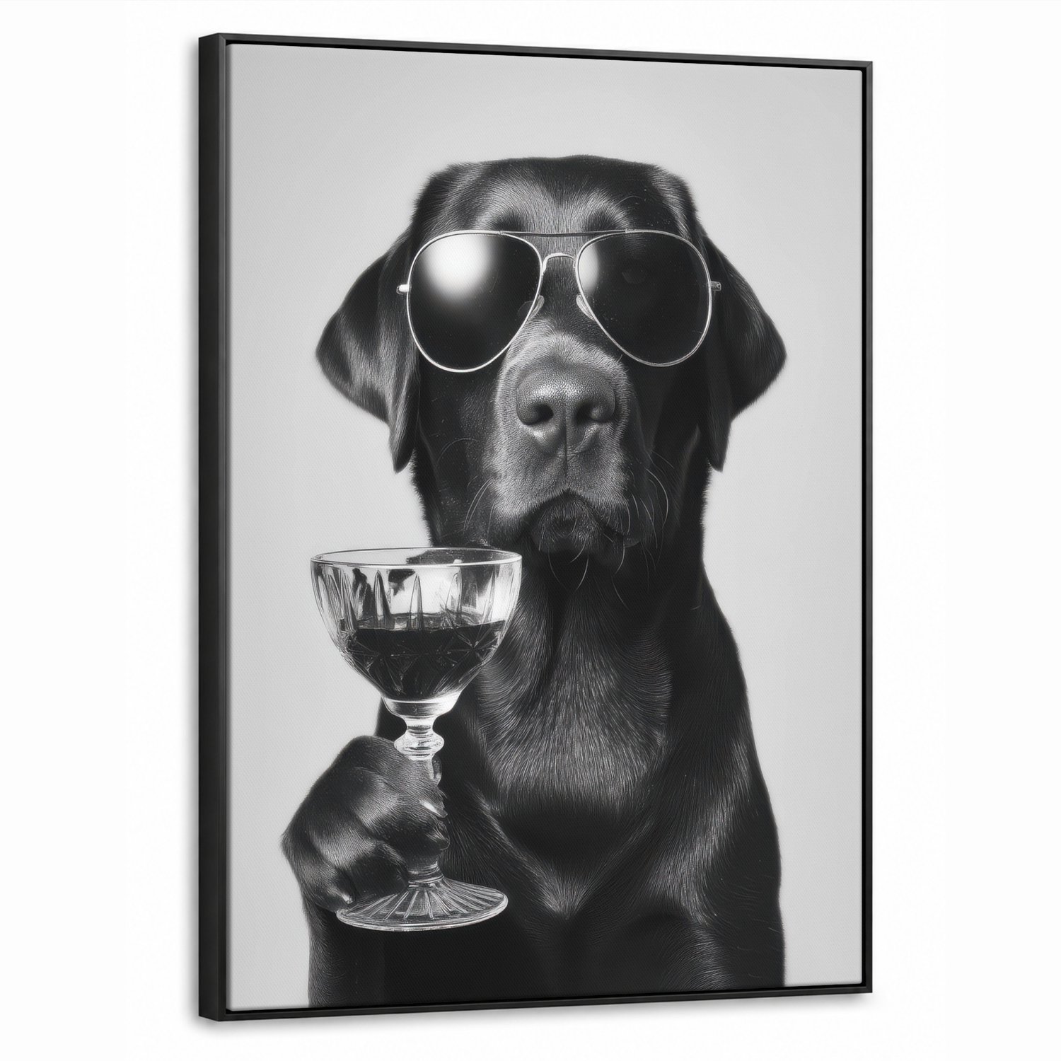 Canvas Schilderij met Baklijst 60x80cm - Hond - Zwart - Wijnglas - Zonnebril - Muurdecoratie woonkamer - Slaapkamer decoratie - Kamer accessoires - Schilderijen op canvas met lijst
