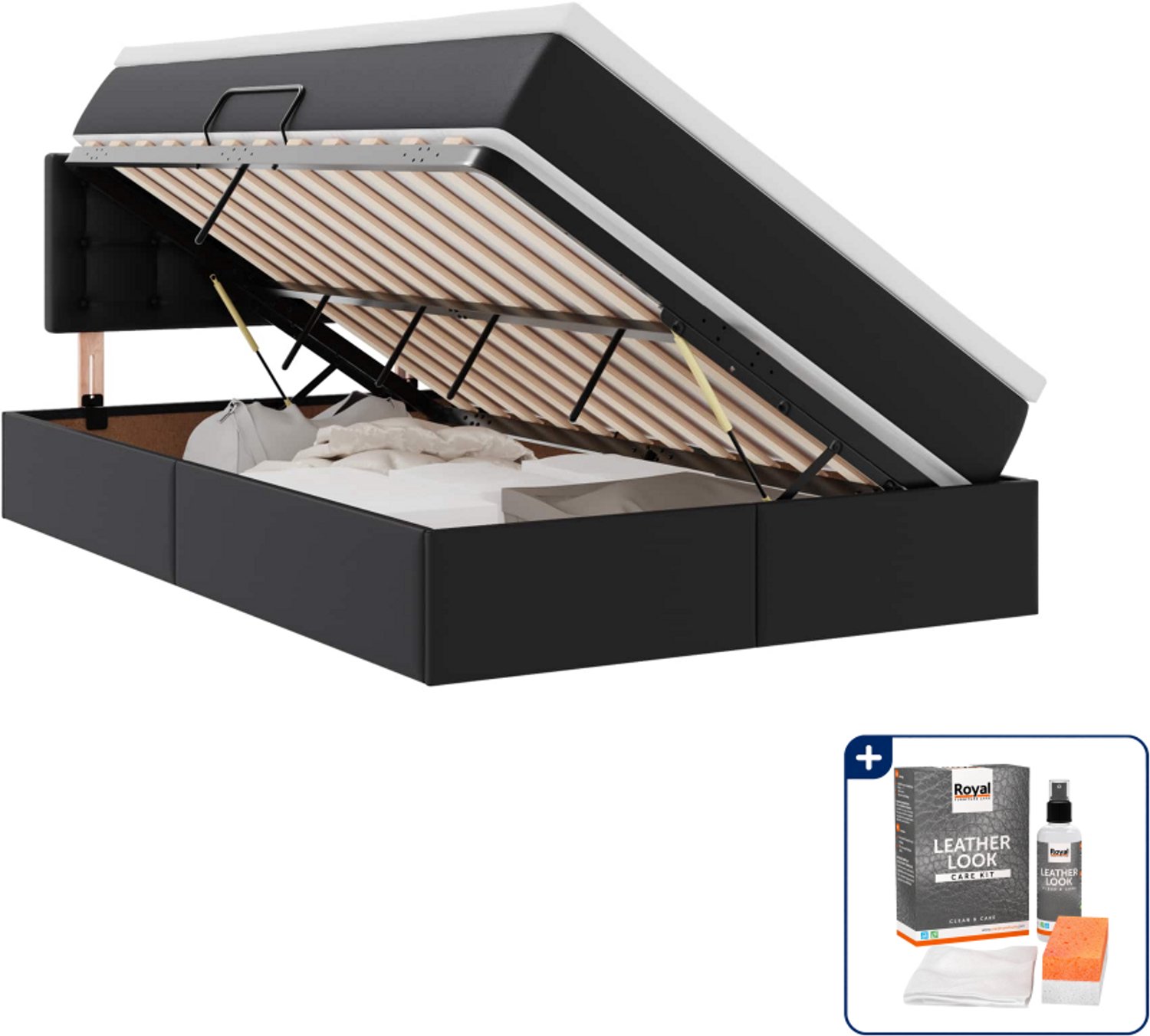 vidaXL opbergbed met LED - 120 x 200 cm - kunstleer - zwart - Inclusief onderhoudsset voor kunstleer 150 ml Lichtgrijs