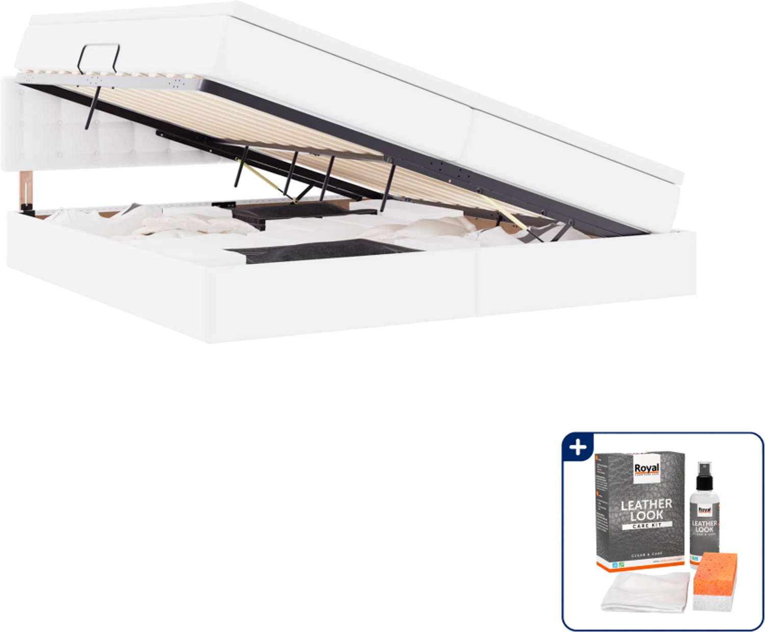 vidaXL opbergbed met led en matras - 200 x 200 cm - kunstleer - lichtgrijs - Inclusief onderhoudsset voor kunstleer 150 ml Roze