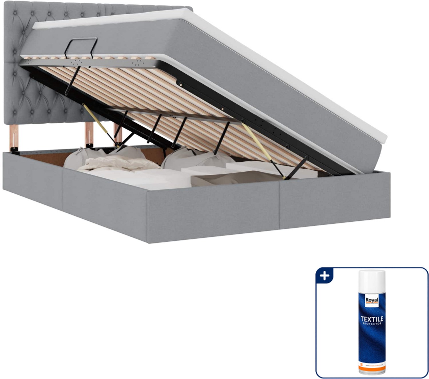 vidaXL opbergbed met matras - Small double - 140 x 200 cm - lichtgrijs - Inclusief textielbeschermer 500 ml Blauw
