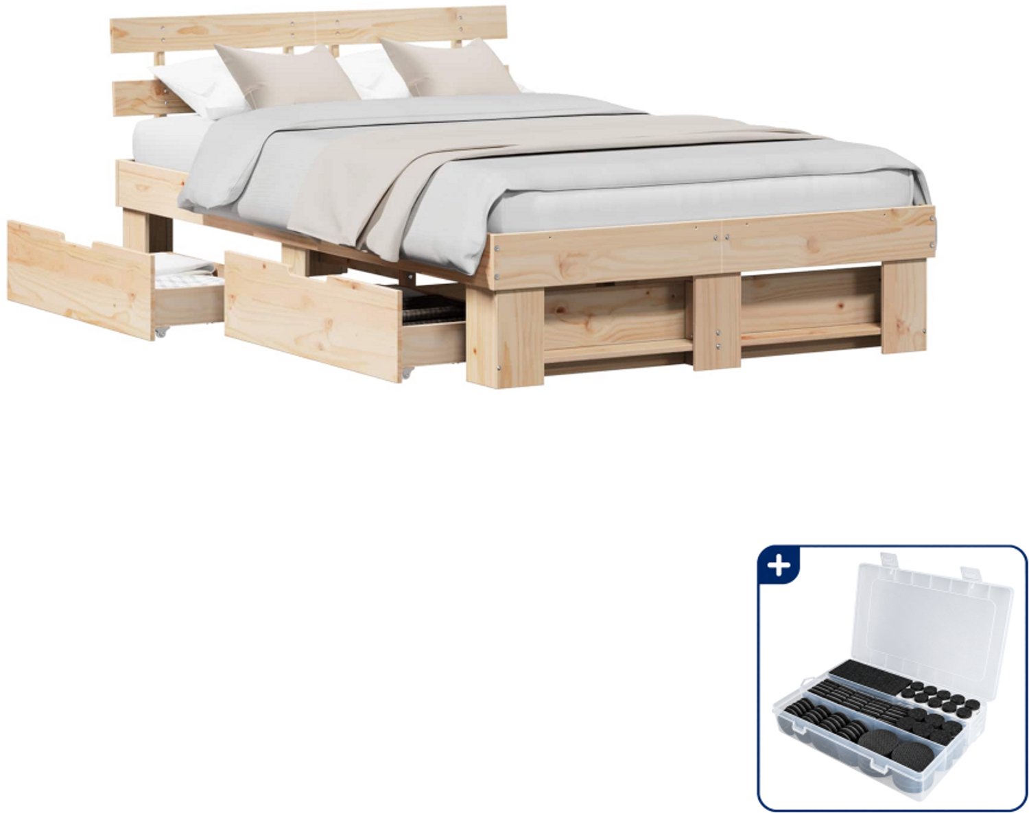 vidaXL Bedframe met lades - 120 x 200 cm - massief grenenhout - bruin - Inclusief antikrasvilt 177-delig Geel