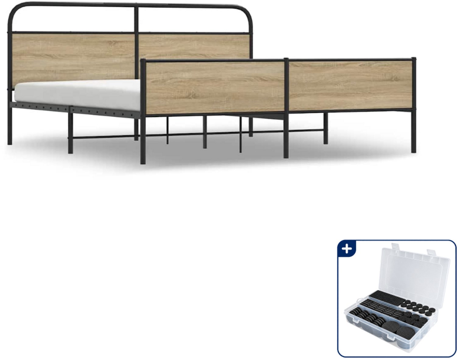 vidaXL bedframe - 183 x 213 cm - staal en bewerkt hout - gerookt eiken - Inclusief antikrasvilt 177-delig