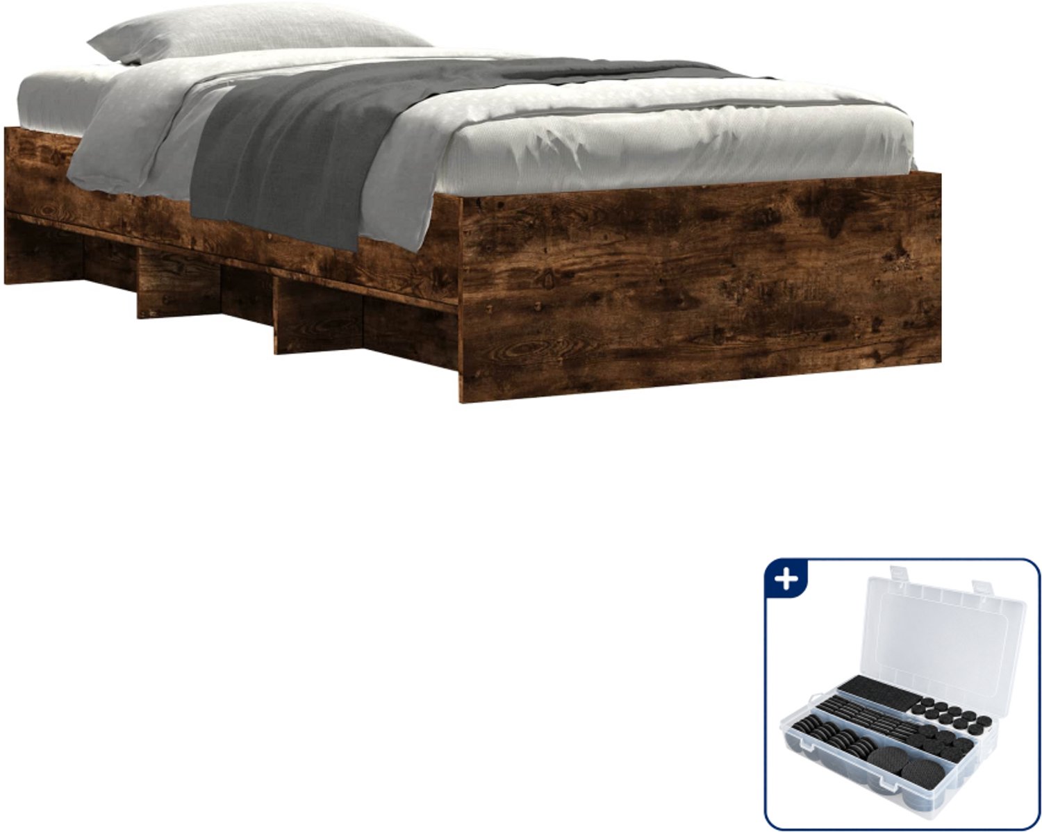 vidaXL bedframe - 80 x 200 cm - bewerkt hout - gerookt eiken - Inclusief antikrasvilt 177-delig Bruin