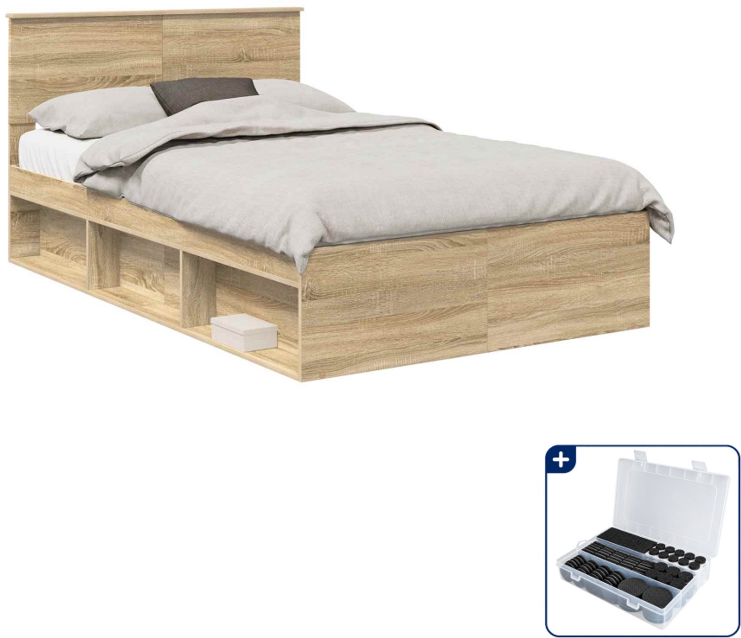 vidaXL bedframe met hoofdeinde - 120 x 190 cm - bewerkt hout - sonoma - Inclusief antikrasvilt 177-delig Grijs