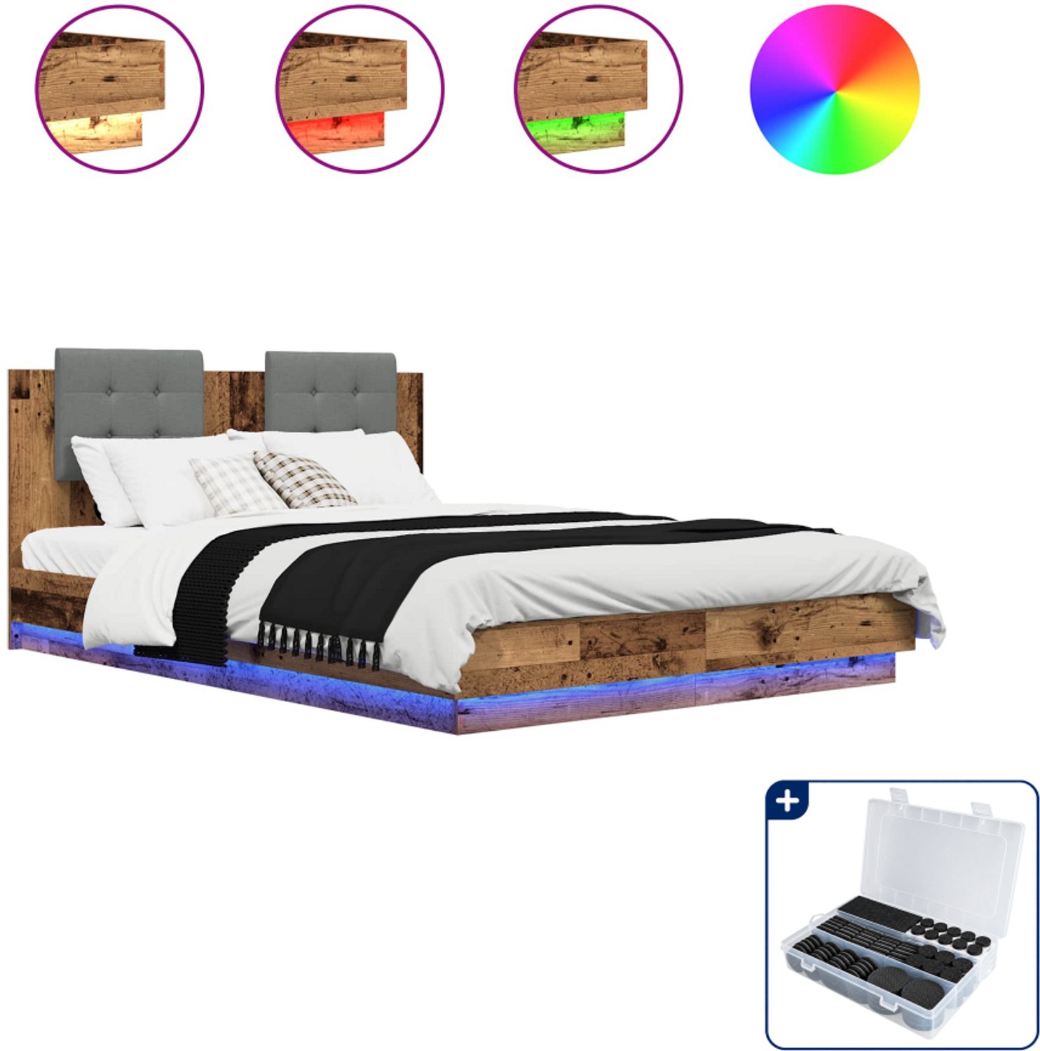 vidaXL bedframe - Small double - 140 x 200 cm - bewerkt hout - oud hout - Inclusief antikrasvilt 177-delig Bruin