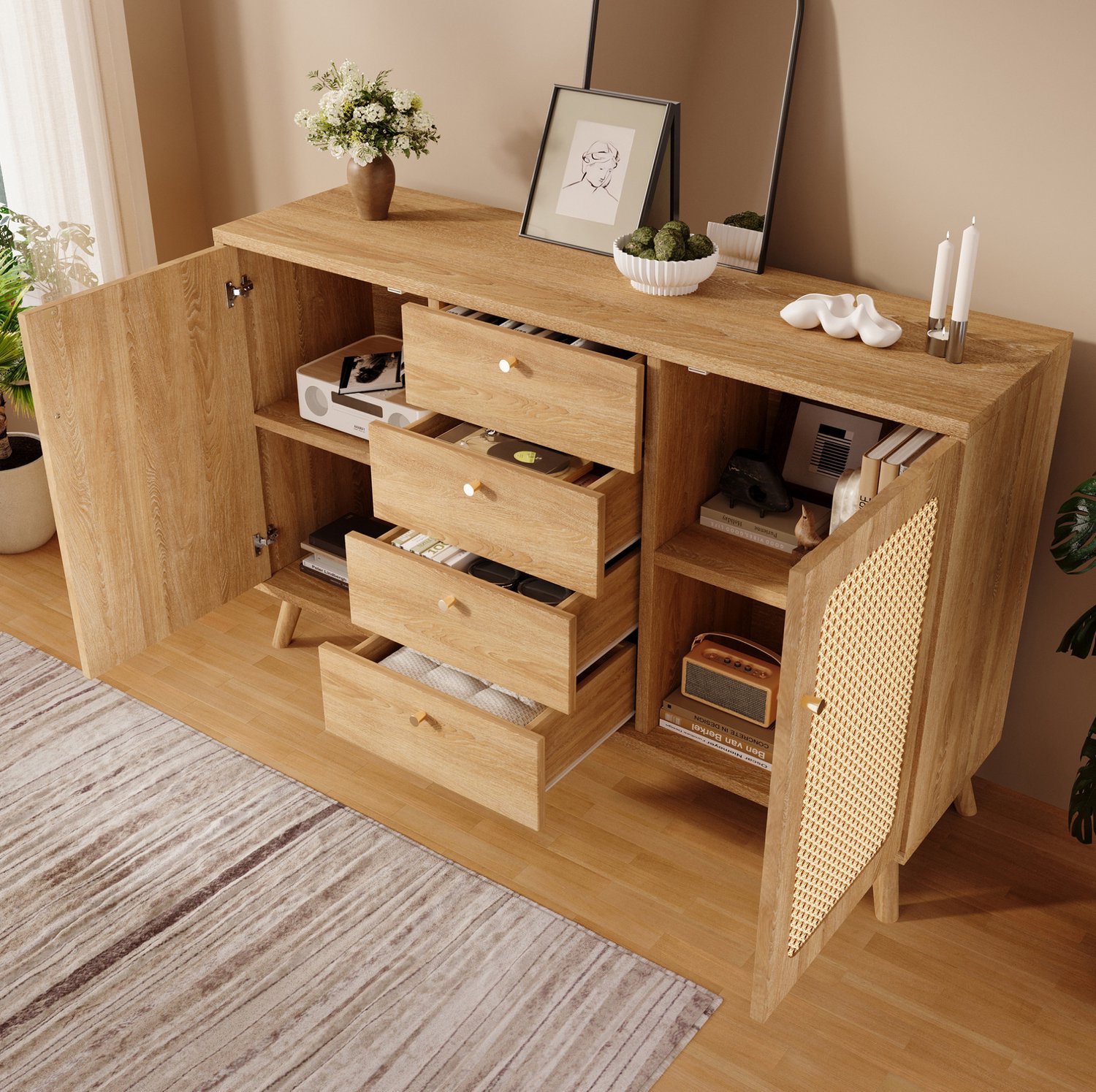 Maisentiel Dressoir met 4 laden en 2 deuren - lichte eik, rotanlook - 140 x 40 x 86 cm Licht eiken