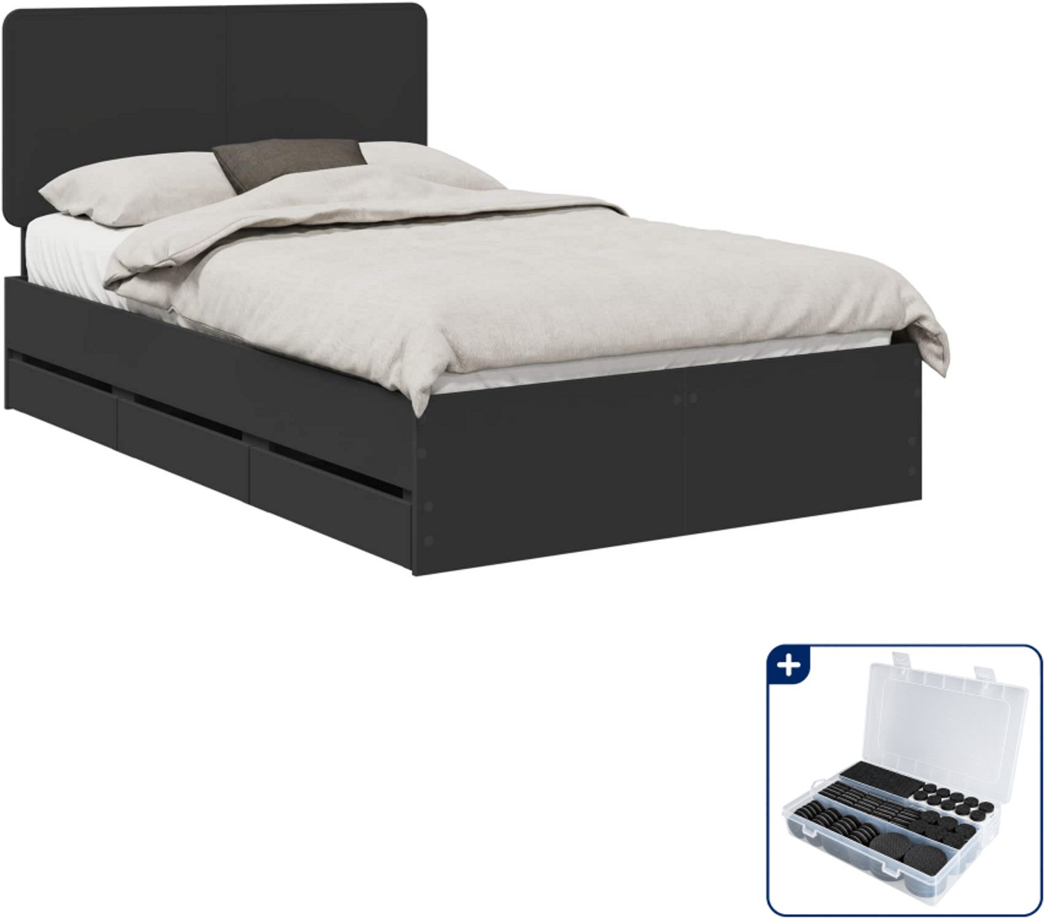 vidaXL bedframe met 6 laden - 120 x 190 cm - bewerkt hout - zwart - Inclusief antikrasvilt 177-delig