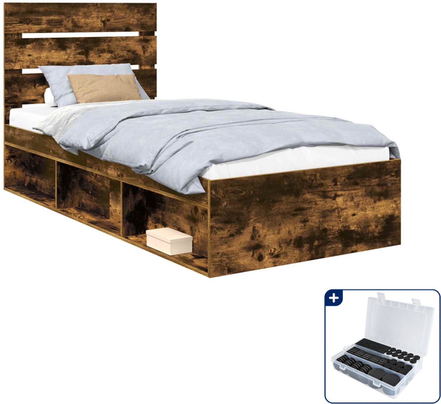 vidaXL bedframe - 90 x 190 cm - bewerkt hout - gerookt eiken - Inclusief antikrasvilt 177-delig Bruin