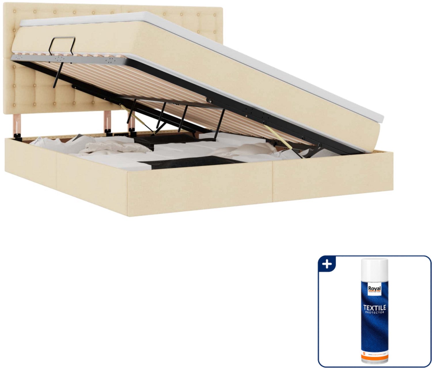 vidaXL queensize opbergbed met matras - 160 x 200 cm - crème - Inclusief textielbeschermer 500 ml Bruin