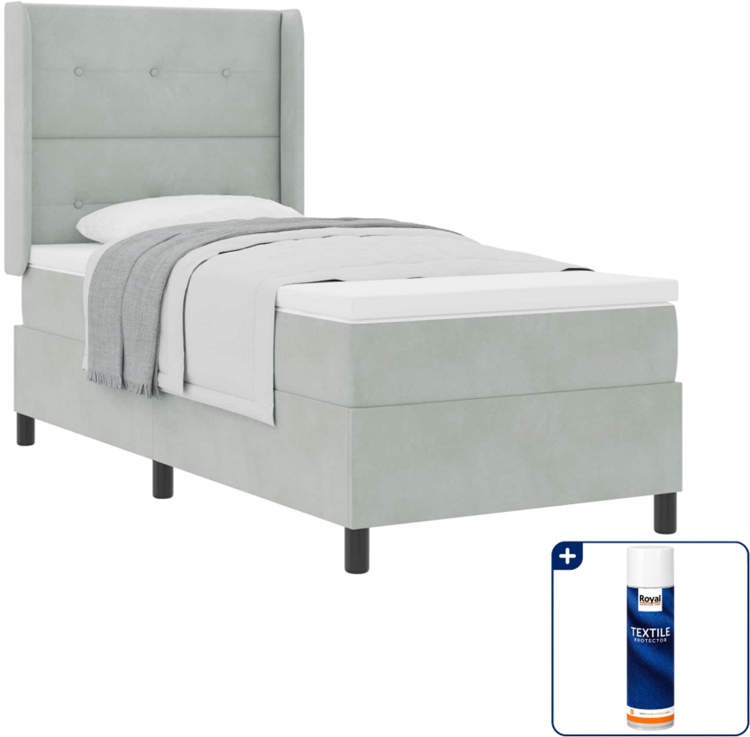 vidaXL boxspringbed - 90 x 200 cm - fluweel - lichtgrijs - Inclusief textielbeschermer 500 ml
