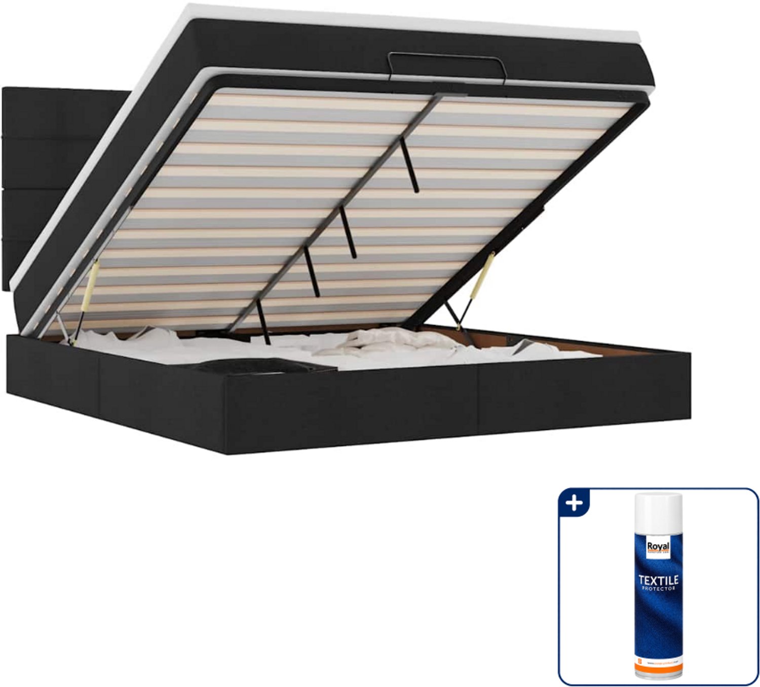 vidaXL Kingsize ottoman bed met matras en led - 180 x 200 cm - zwart - Inclusief textielbeschermer 500 ml Grijs