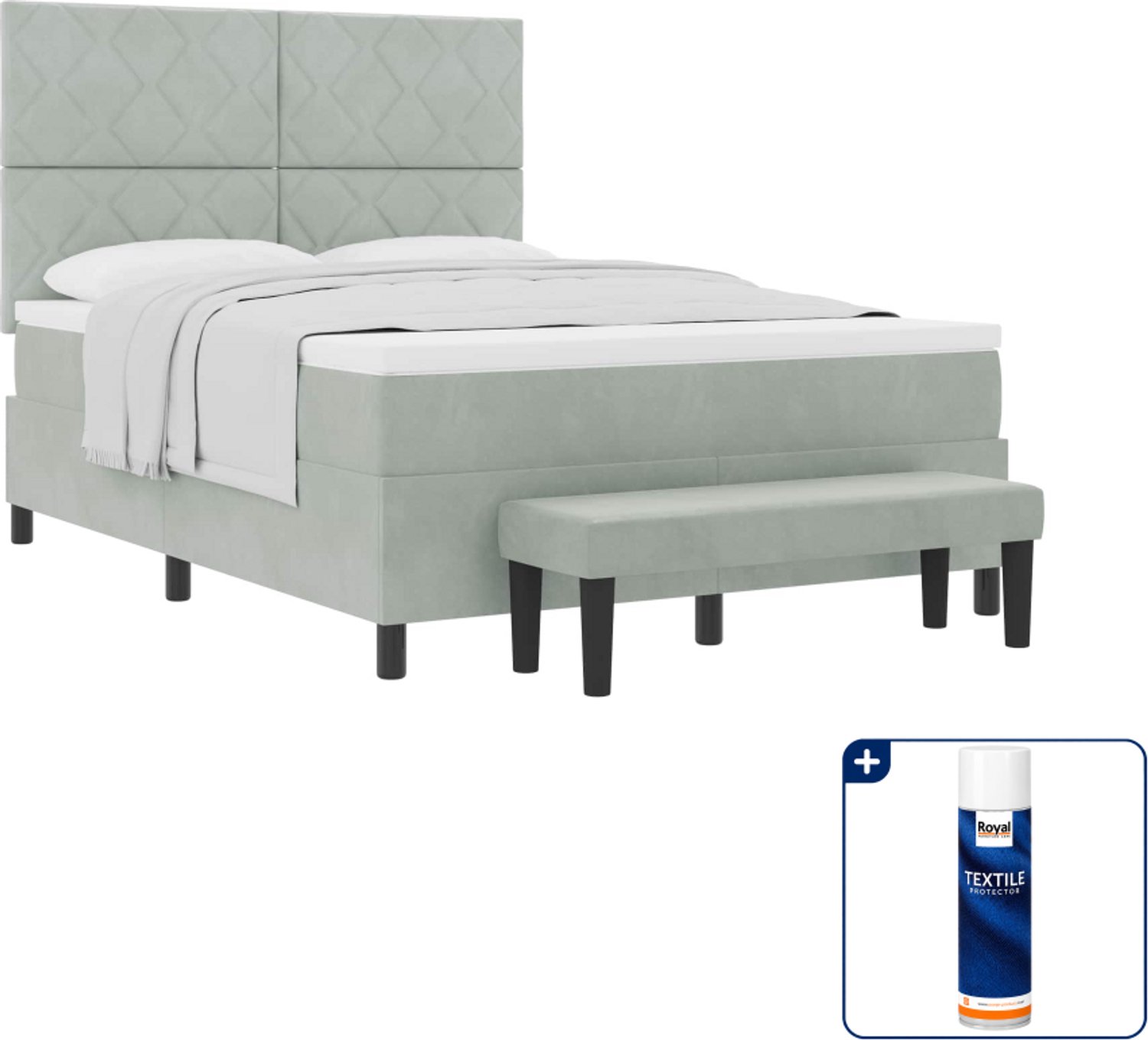 vidaXL boxspring bed Queensize - 200 x 160 cm - fluweel - lichtgrijs - Inclusief textielbeschermer 500 ml