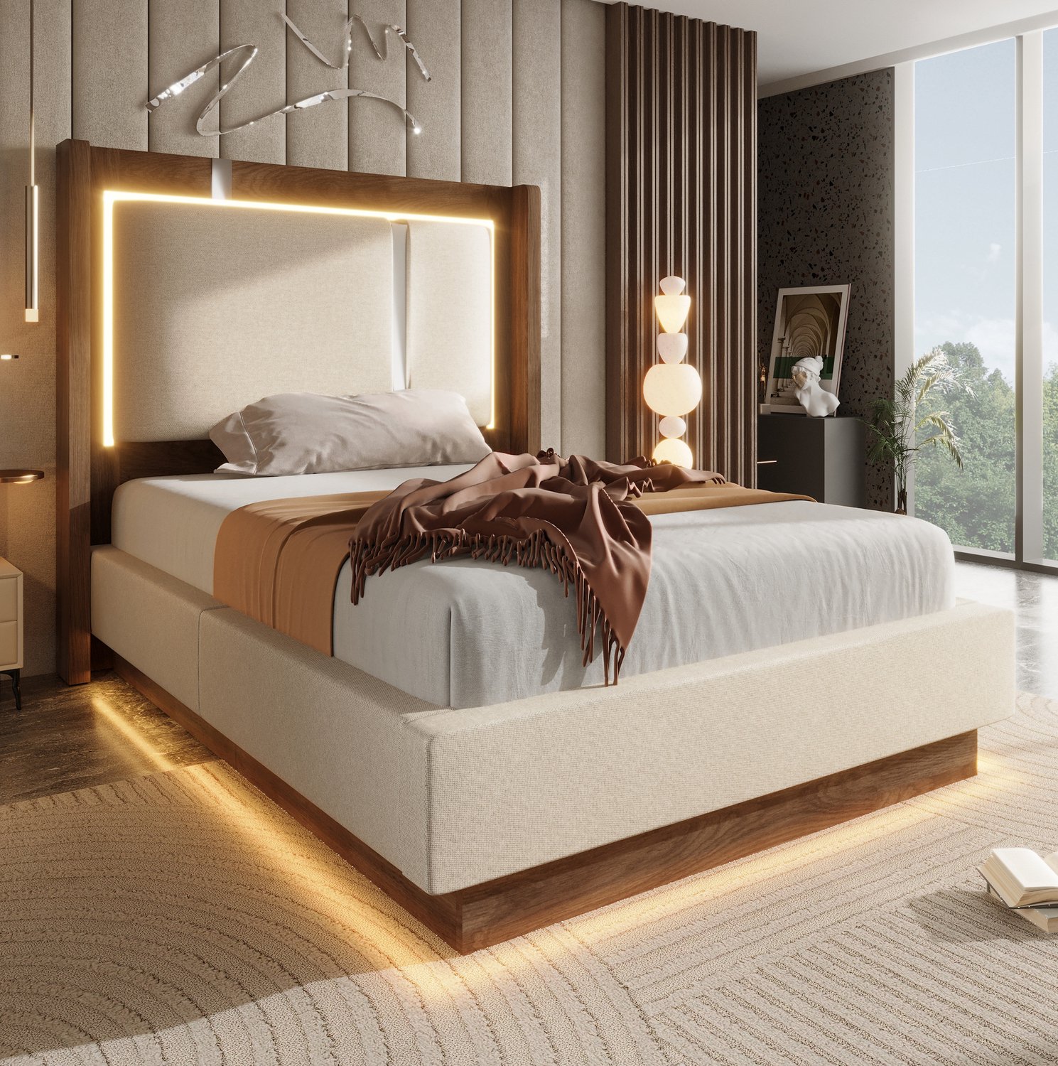 Maisentiel Eenpersoonsbed 90 x 200 cm met lattenbodem, LED en opbergruimte - beige/walnootkleur