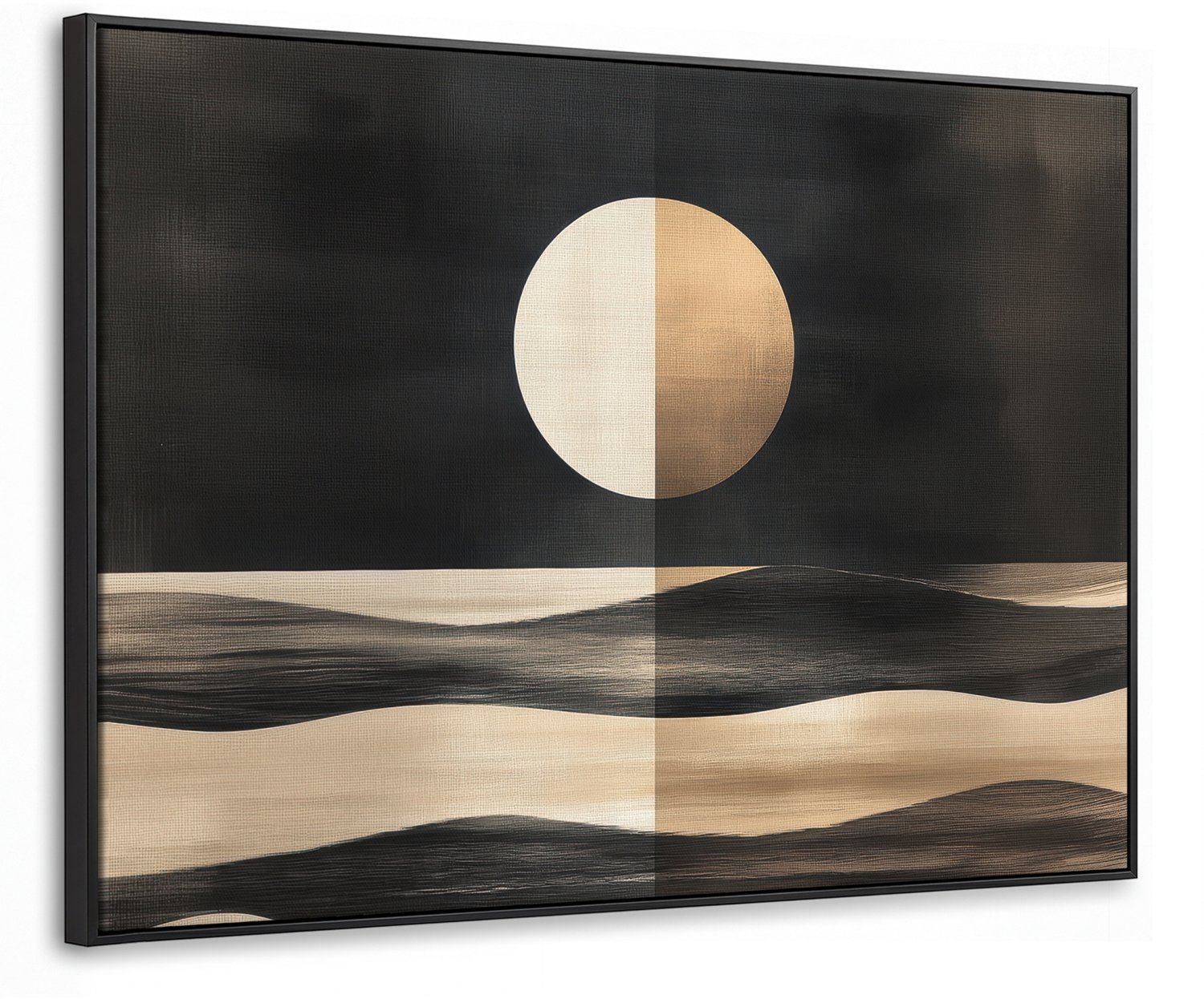 Canvas Schilderij met Baklijst 70x50cm - Maan - Cirkel - Goud - Muurdecoratie woonkamer - Slaapkamer decoratie - Kamer accessoires - Schilderijen op canvas met lijst