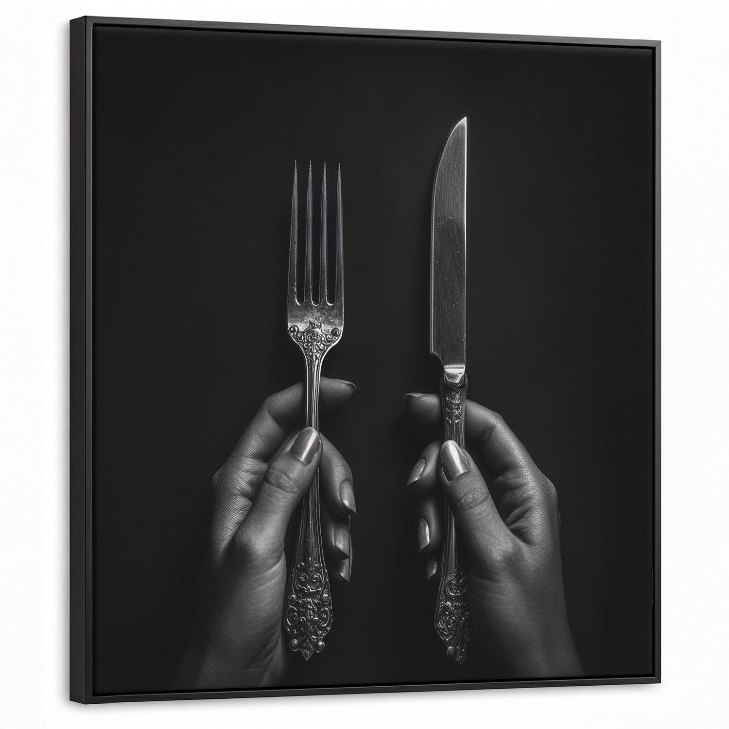 Canvas Schilderij met Baklijst 90x90cm - Bestek - Zwart - Wit - Muurdecoratie woonkamer - Slaapkamer decoratie - Kamer accessoires - Schilderijen op canvas met lijst