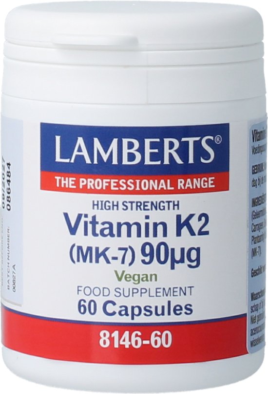 Witte pot Lamberts Vitamine K2 (MK-7) 90µg capsules, 60 stuks, veganistisch voedingssupplement.