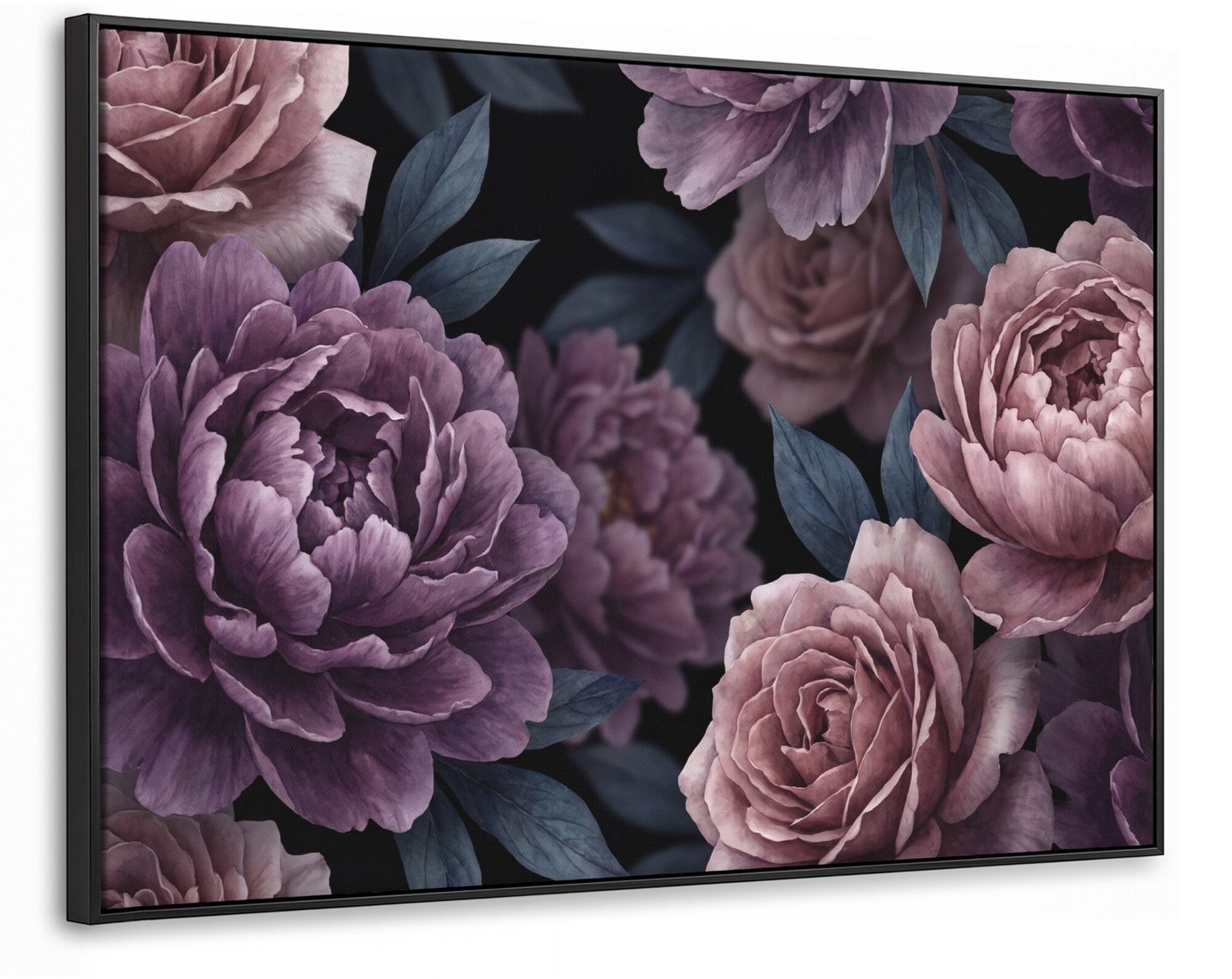 Canvas Schilderij met Baklijst XXL Canvas Schilderij met Baklijst 120x80cm - Bloemen - Patroon - Donker - Botanisch - Paars - Muurdecoratie woonkamer - Slaapkamer decoratie - Kamer accessoires - Schilderijen op canvas met lijst groot
