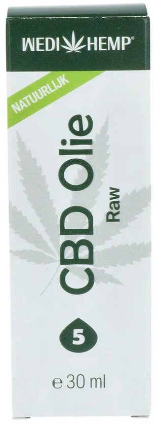 Wedihemp CBD Olie Raw 5% verpakking, wit met donkergroene details en een hennepbladmotief, inhoud 30 ml.