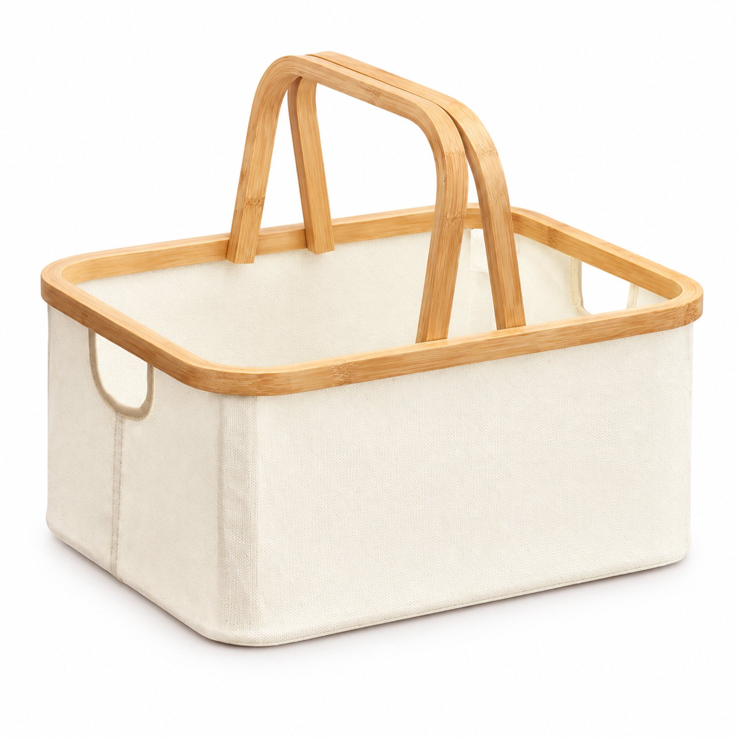 Opvouwbare was- en opbergmand van Oxford-stof met bamboehandgrepen, 40,5 x 33 x 17 cm, gebroken wit