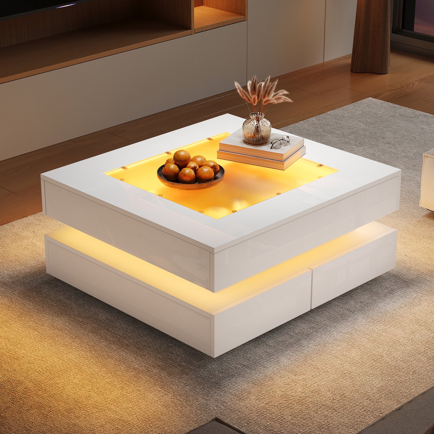 DantefHandels 70*70*35Cm salontafel met Glastischplatte, geometrischer Kaffeetish met LED-Leuchten, 3 laden, hochglänzende woonkamertafel, salontafel wit