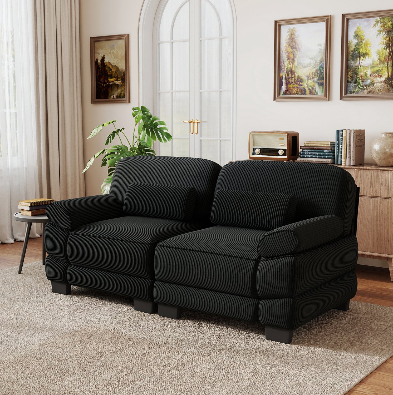 MODENUIT Zitbank 194 x 88,5 x 94 cm - Modulaire 2-Zitsbank met Lendenkussen - Woonkamer - Ribstof - Zwart