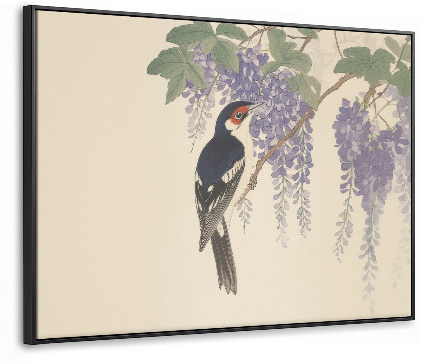 Canvas Schilderij met Baklijst 70x50cm - Specht - Bloemen - Paars - Muurdecoratie woonkamer - Slaapkamer decoratie - Kamer accessoires - Schilderijen op canvas met lijst