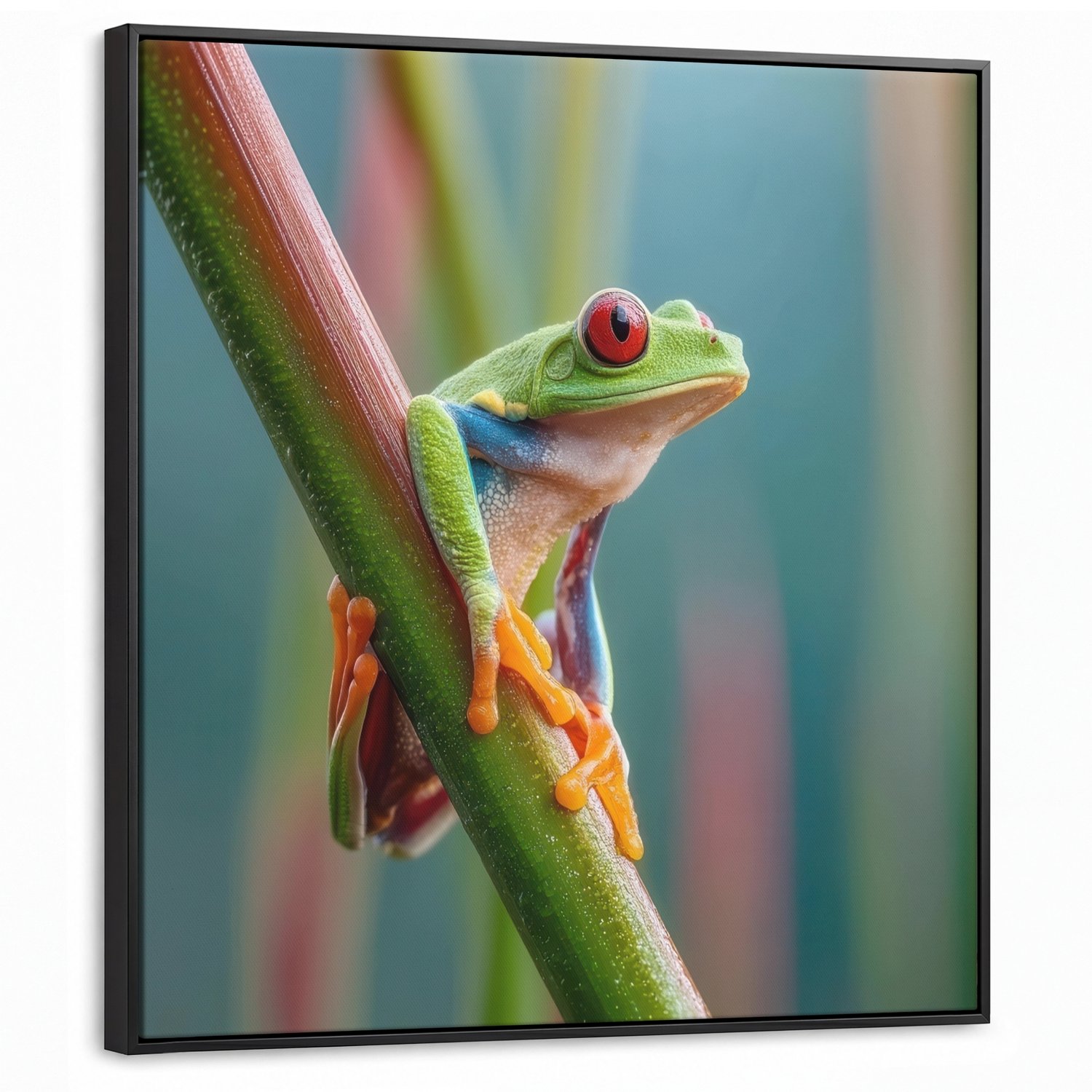 Canvas Schilderij met Baklijst 90x90cm - Kleurrijke kikker - Groene stengel - Alert - Muurdecoratie woonkamer - Slaapkamer decoratie - Kamer accessoires - Schilderijen op canvas met lijst