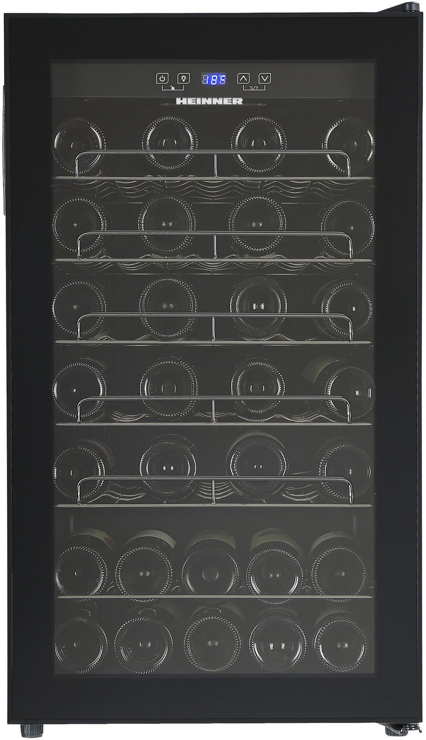 Heinner HRV-A118DRM40 Wijnkoelkast – 118 L – Geschikt voor 40 Flessen – LED-display – 5+1 Verchroomde Metalen Leggers – Omkeerbare Deur – Zwart
