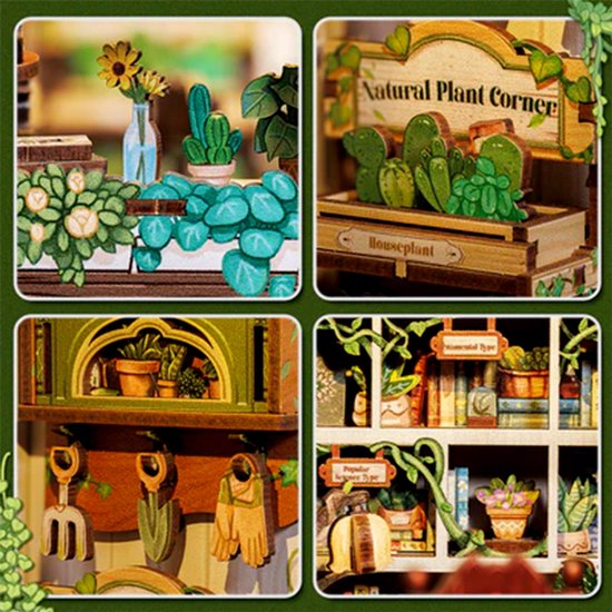DIY "Boekenhoek" Bouwmodel - Mini Groene Boekhandel - 3D Houten Puzzel - Zelf in elkaar te zetten Huis - Miniatuur Scène Set - Model Speelgoed - Geschikt voor Boekenplanken en Woondecoratie - Inclusief LED-verlichting