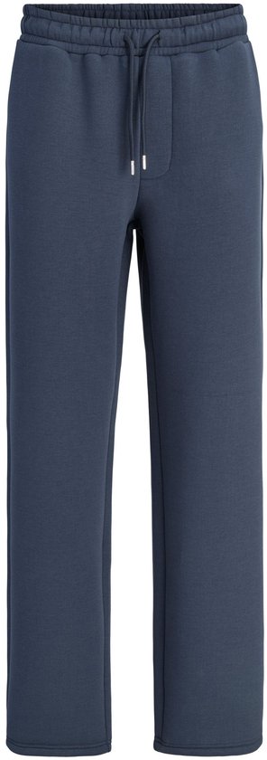 Donkerblauwe joggingbroek met rechte pijpen, elastische tailleband met trekkoord en metalen uiteinden.