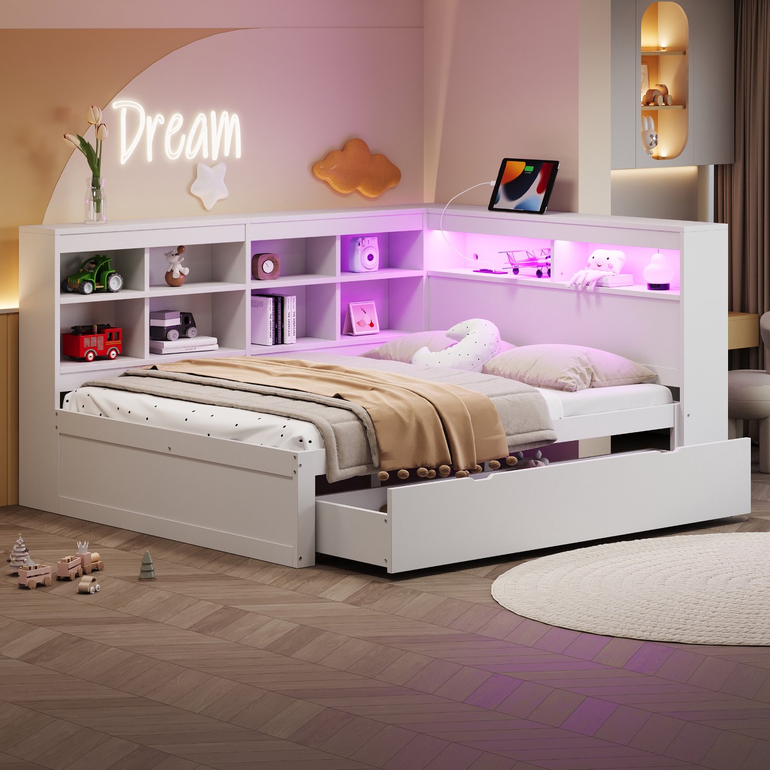 Zubaliya Bedframe - 140 x 200 cm - Wit - hout - LED-verlichting - USB-aansluiting - Lades