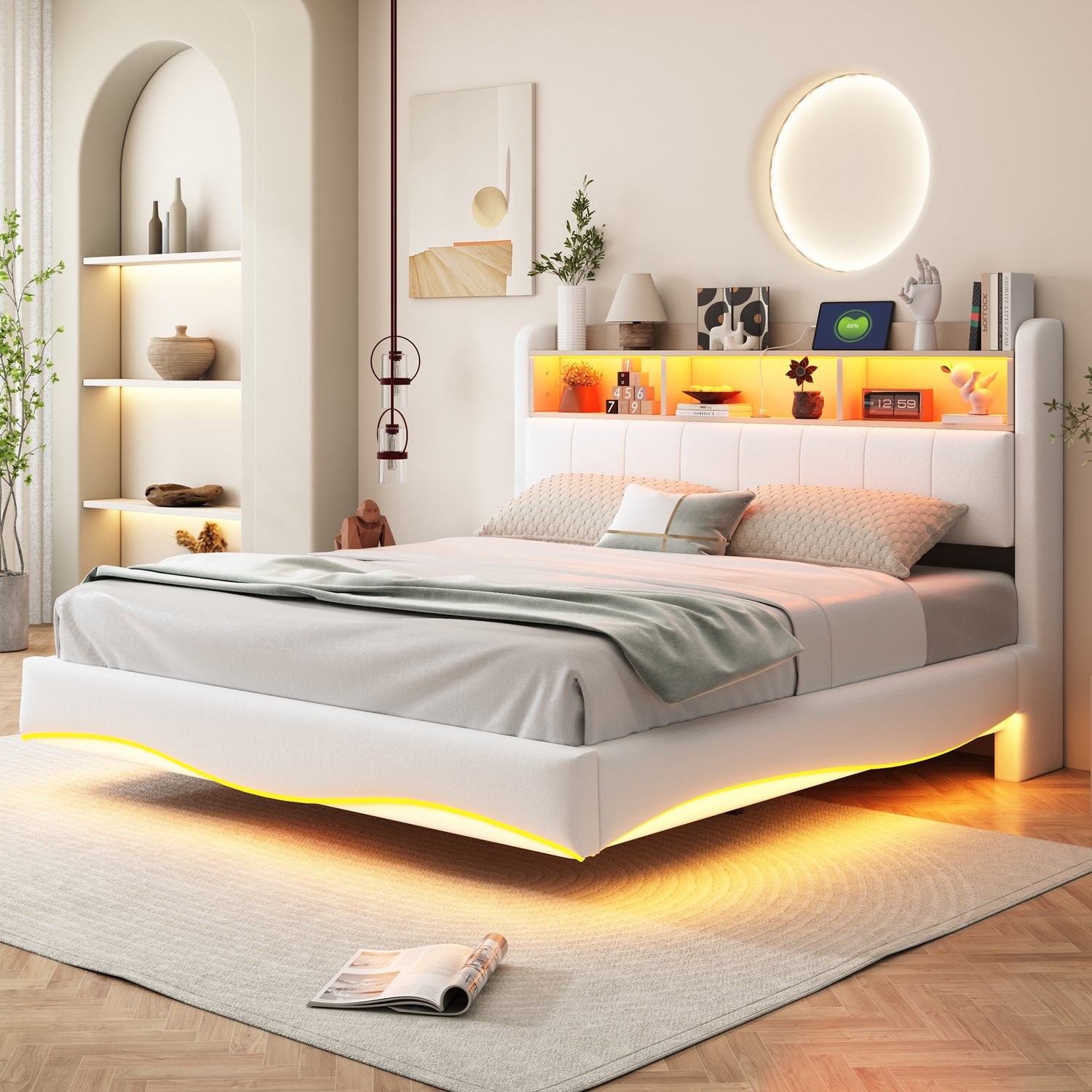 Zubaliya Gestoffeerd bed - 160 x 200 cm - Beige - stoffering - LED-verlichting - USB-aansluiting - USB-C