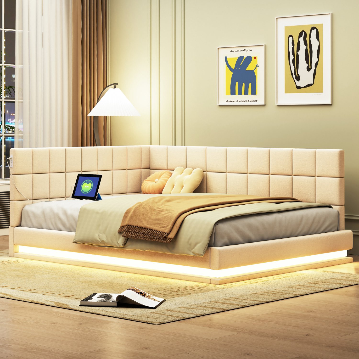 Zubaliya Dagbed - 140 x 200 cm - Beige - linnen - LED-verlichting - USB-aansluiting - Stopcontact