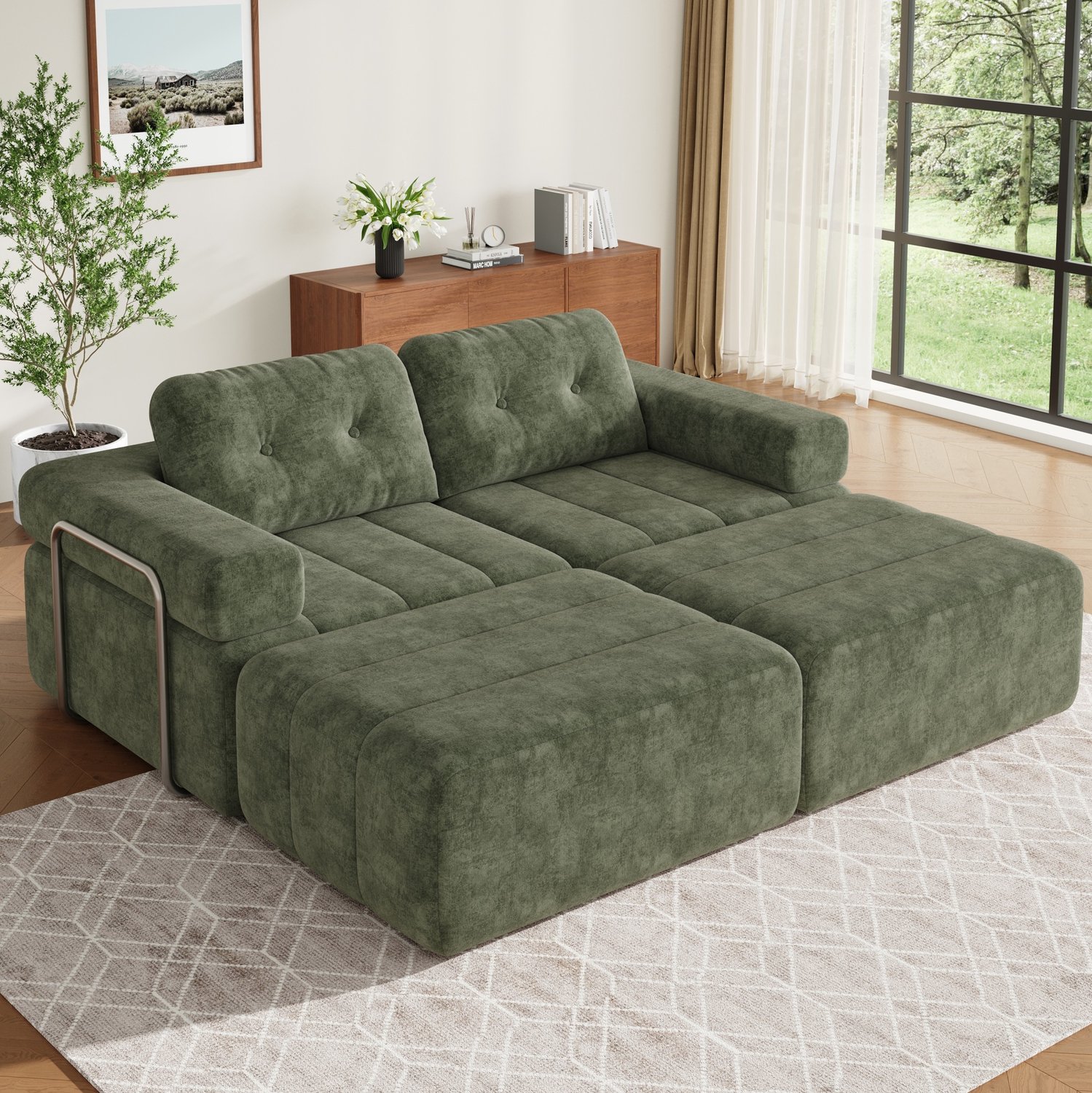 MODENUIT Hoekbank 258 x 165 x 79 cm - Modulair met Slaapfunctie en Hocker - Woonkamer - Chenille - Groen