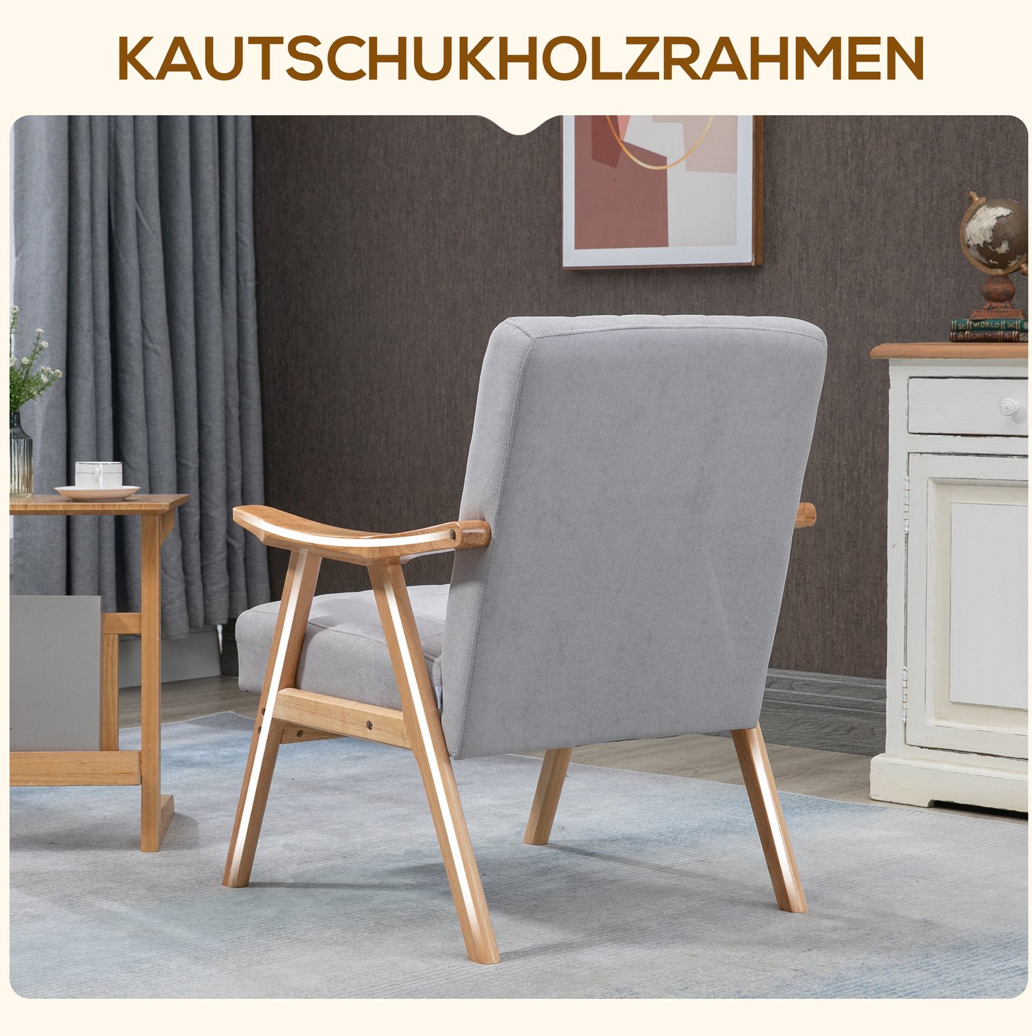 DESMIU Fauteuil 68 x 74 x 82 cm - Zachte Bekleding en Armleuningen - Voor Woonkamer en Slaapkamer - Polyester en Hout - Lichtgrijs
