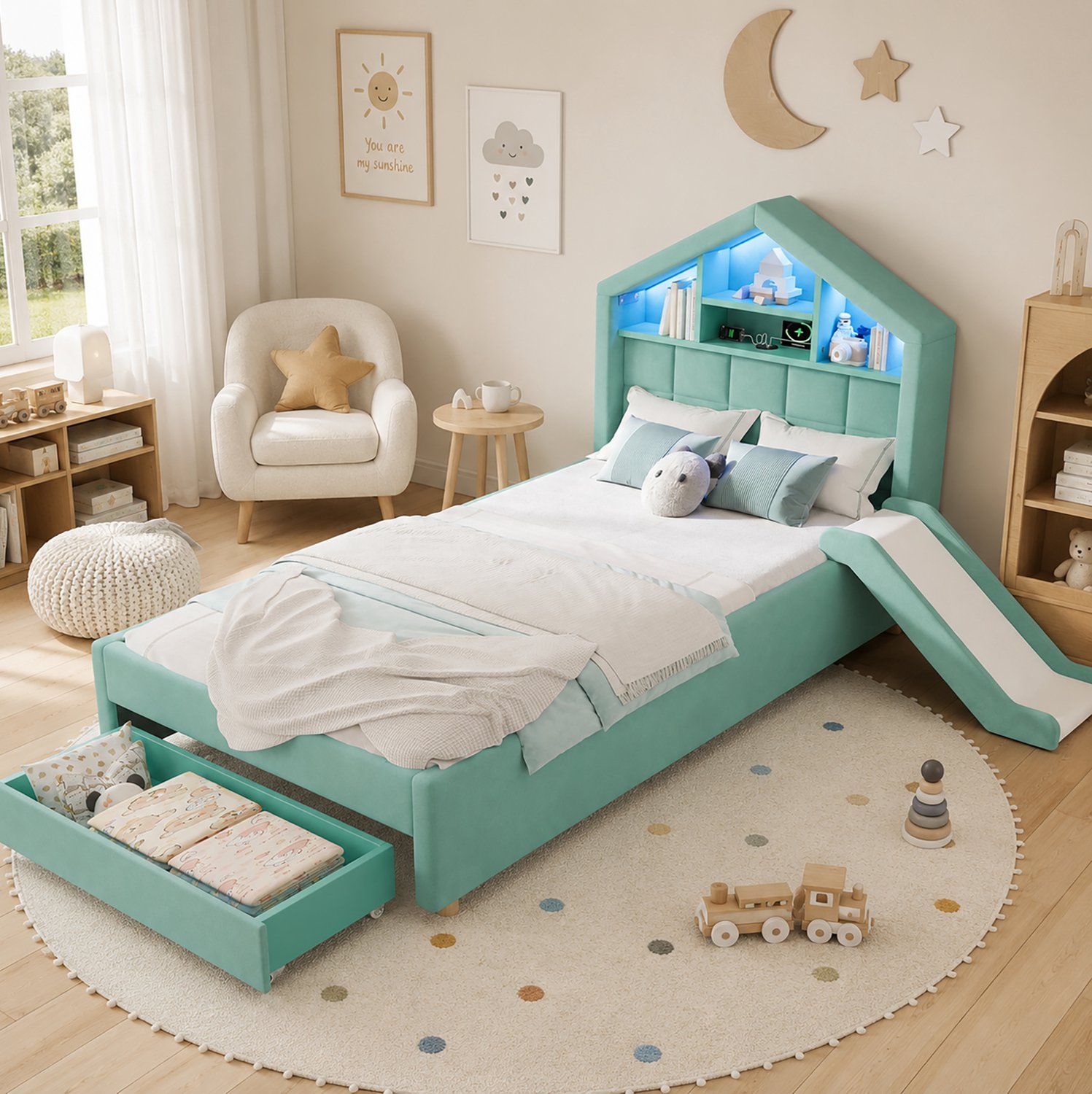 Wishdor Kinderbed 90x200 cm - Gestoffeerd huisbed met glijbaan links of rechts - Hoofdeinde met opbergvakken en LED-verlichting - Bedlade en laadaansluiting - Blauwgroen fluweel