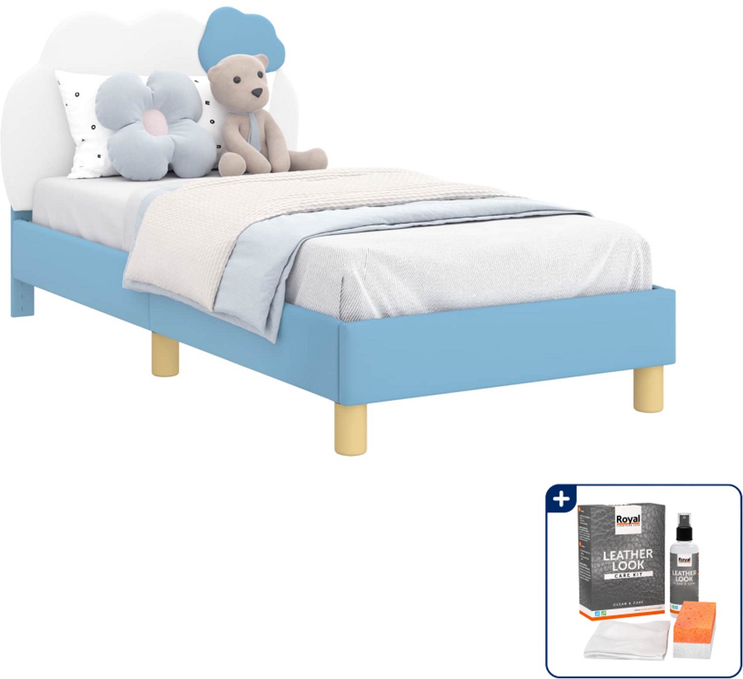 vidaXL kinderbedframe - 80 x 160 cm - bewerkt hout - blauw - Inclusief onderhoudsset voor kunstleer 150 ml