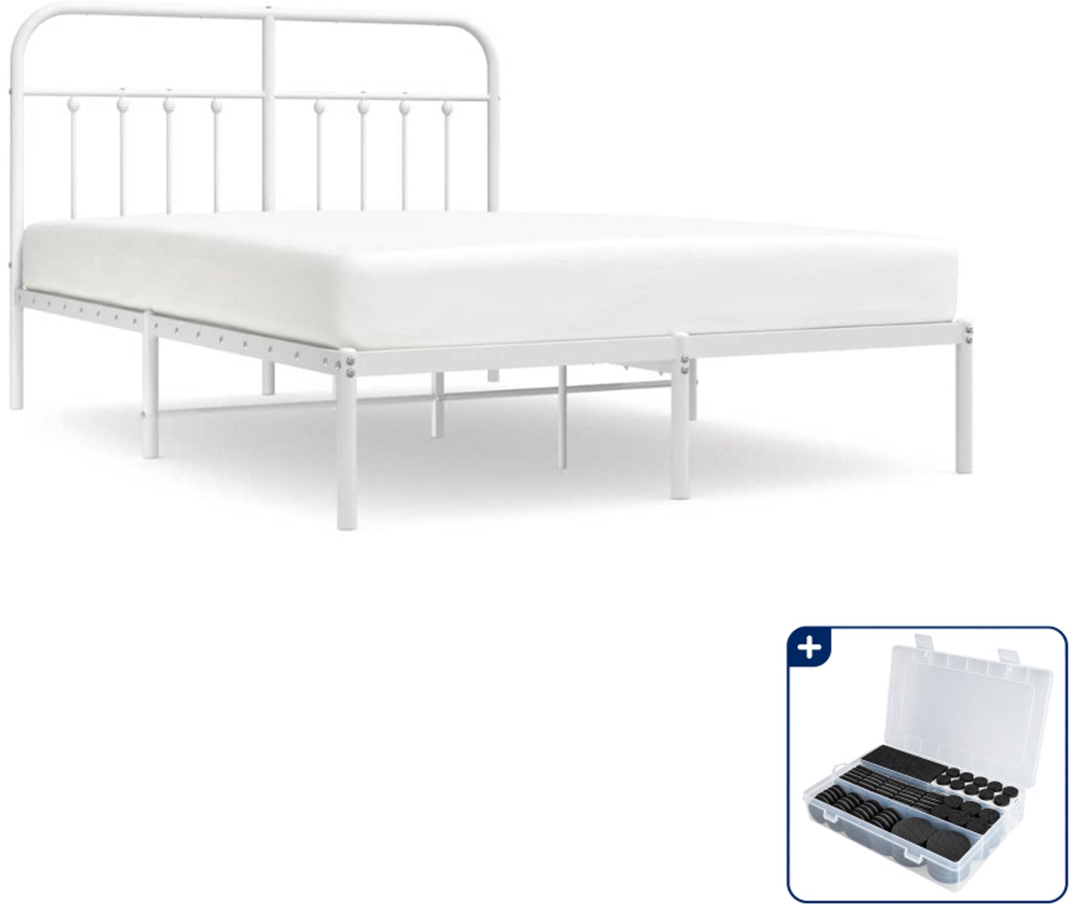 vidaXL bedframe met hoofdbord - 135 x 190 cm - staal - wit - Inclusief antikrasvilt 177-delig