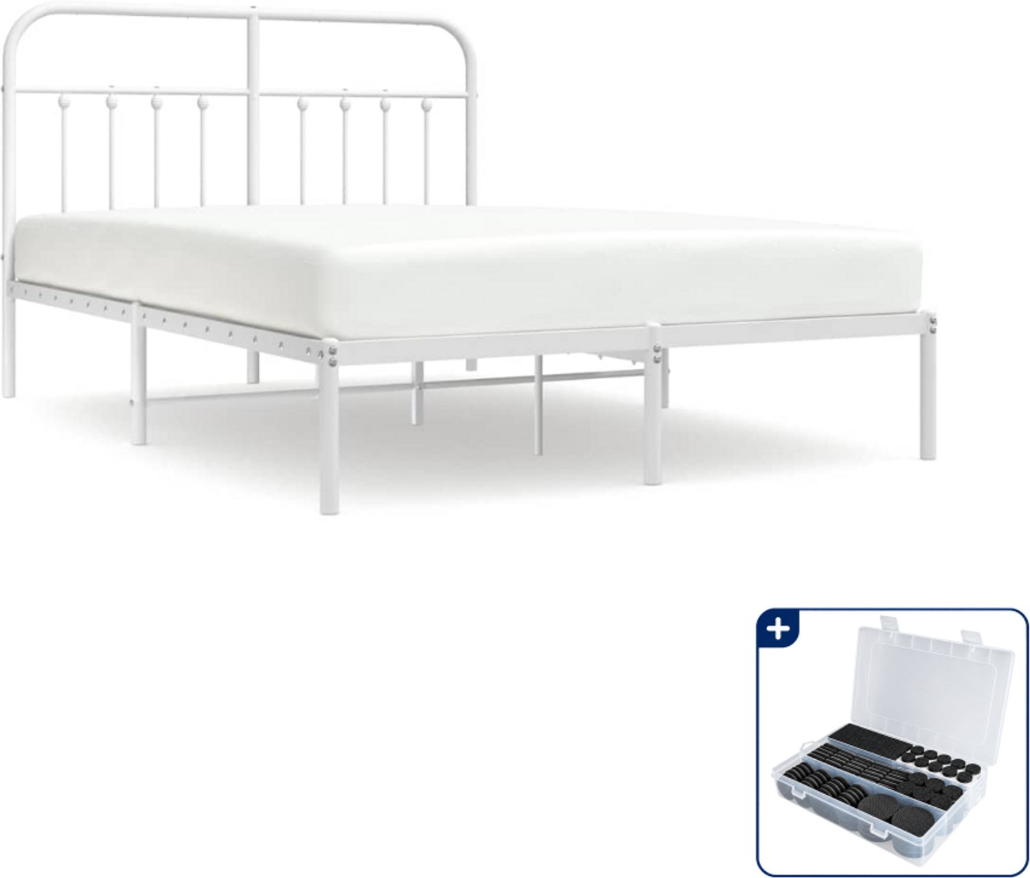 vidaXL bedframe met hoofdbord - 150 x 200 cm - staal - wit - Inclusief antikrasvilt 177-delig