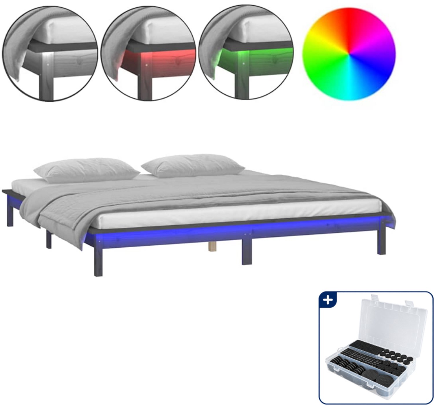 vidaXL bedframe met LED - 120 x 190 cm - massief grenenhout - grijs - Inclusief antikrasvilt 177-delig